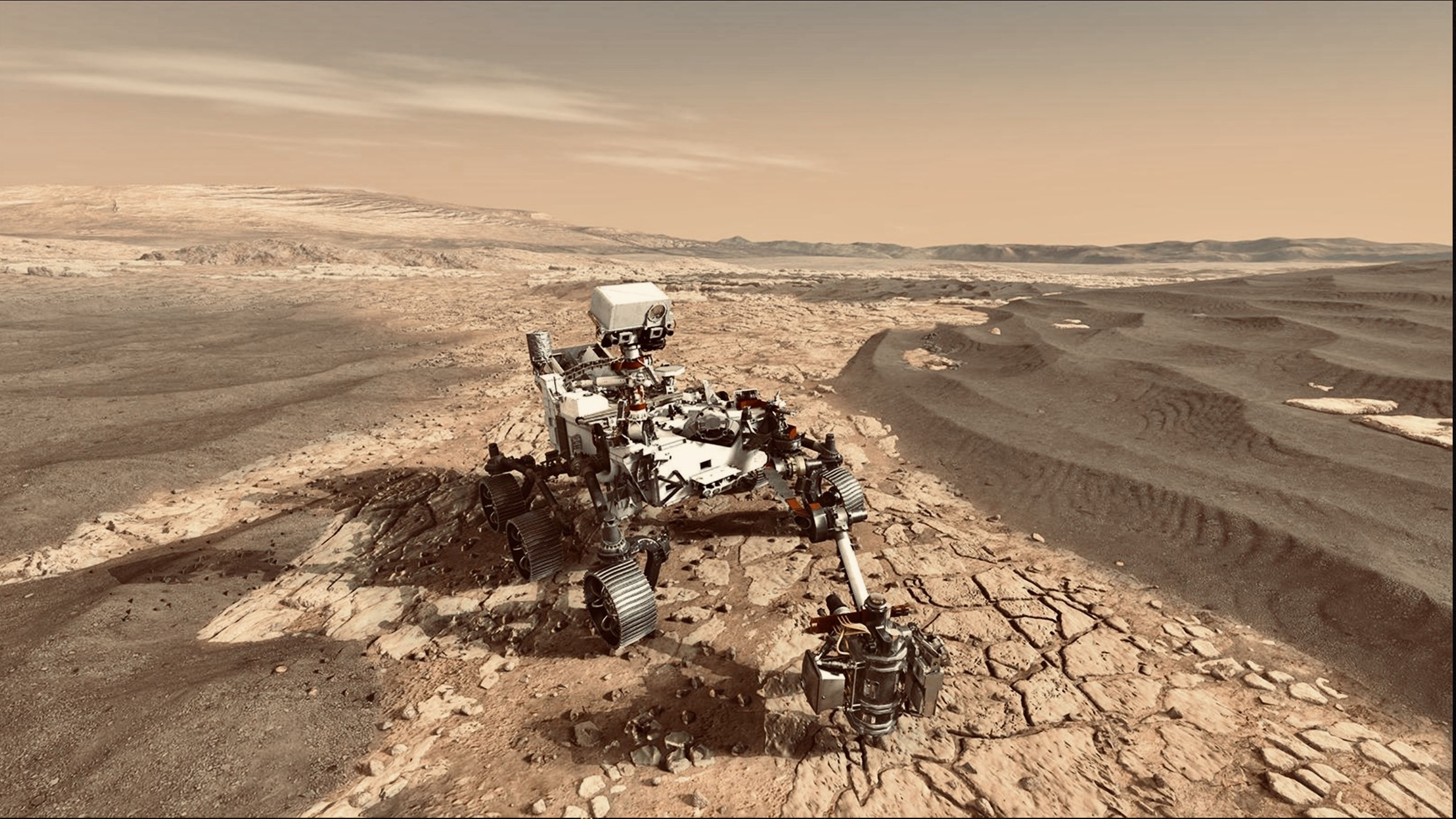NASA Perseverance rover exploring the rocky surface of Mars in Jezero Crater