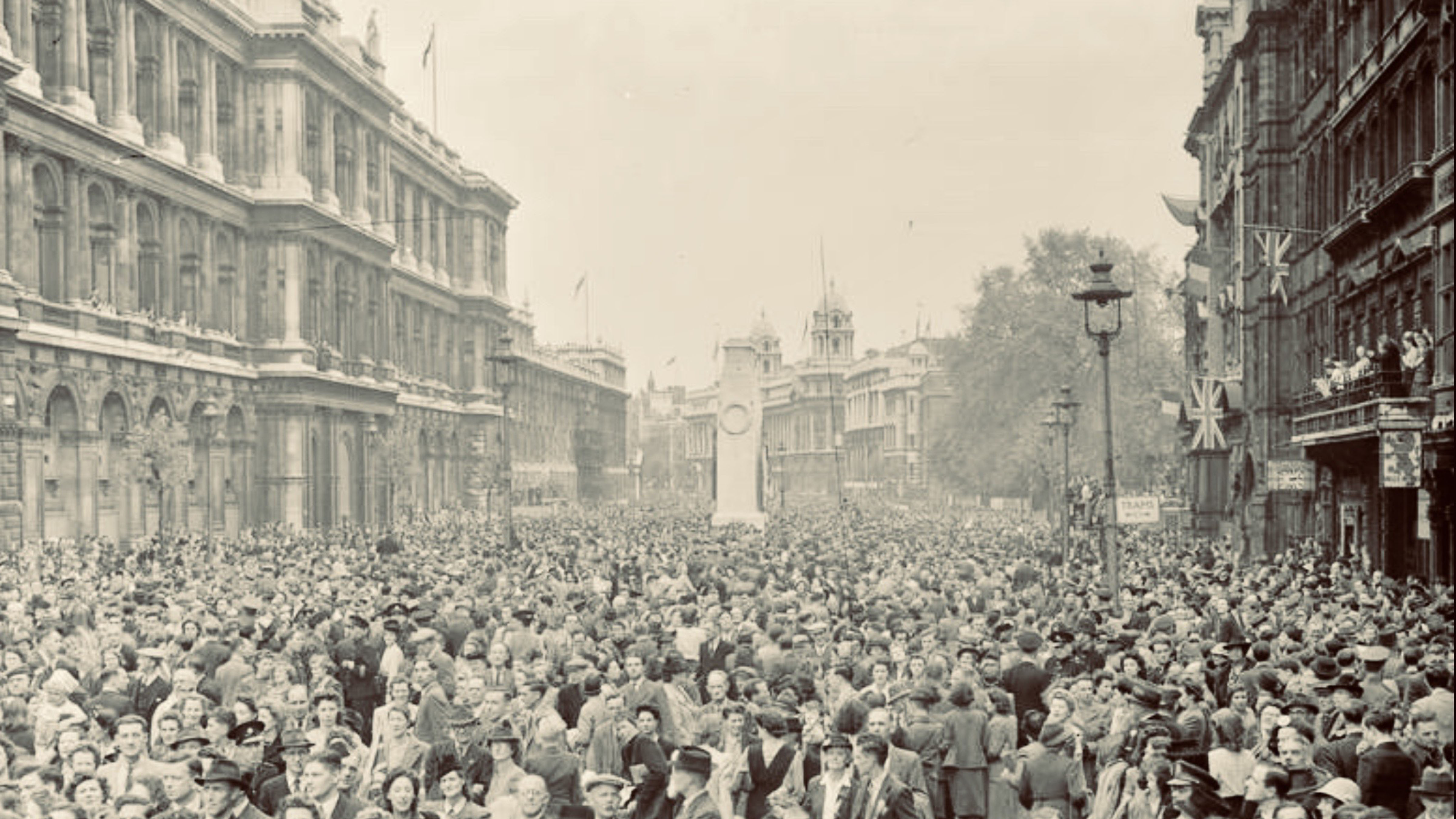 Massive crowds fill the streets of London during Victory in Europe Day celebrations on May 8, 1945 following Nazi Germany’s surrender in World War II.