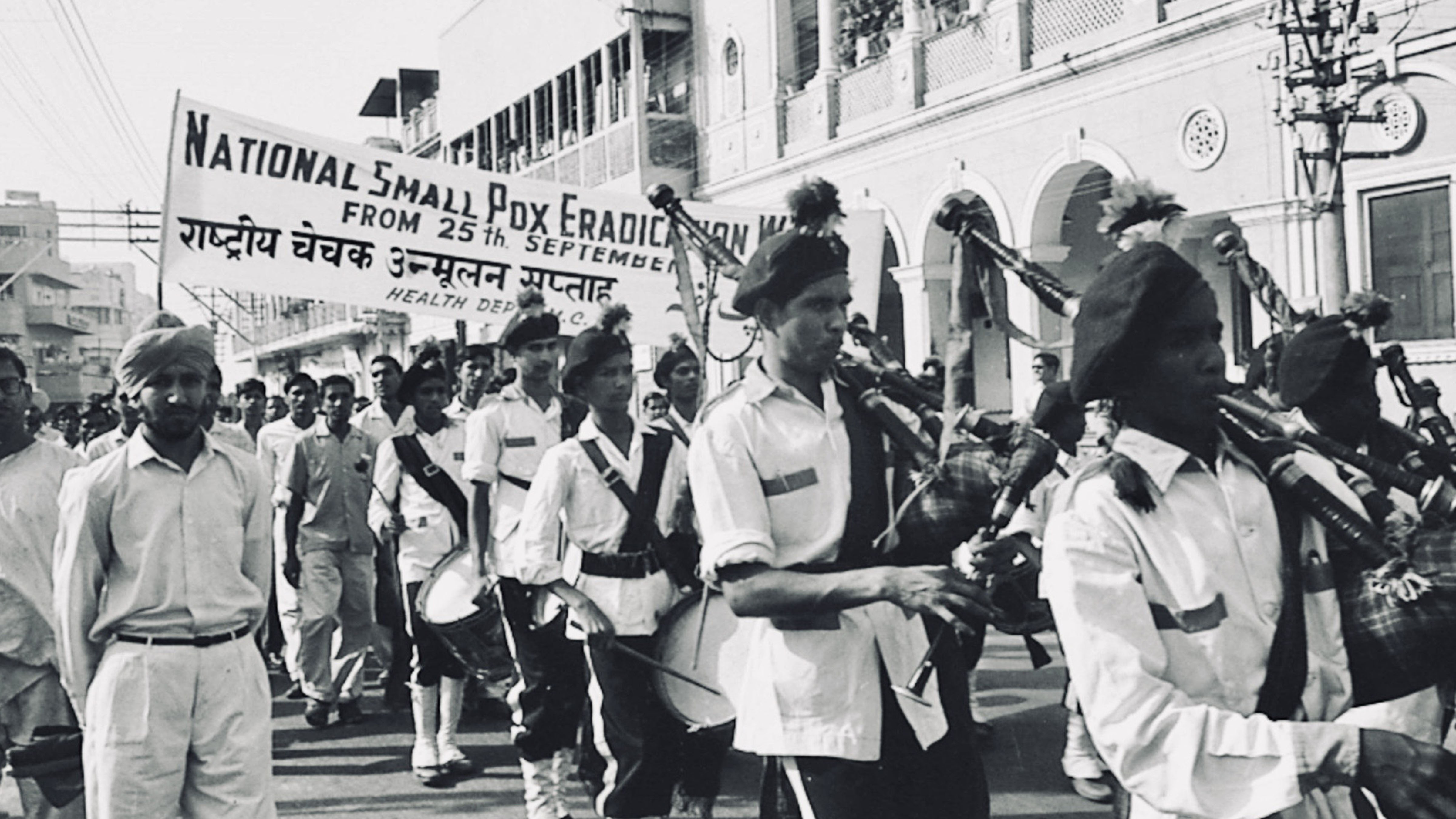Public health campaign parade promoting smallpox eradication efforts in India during the global vaccination campaign that led to the elimination of the disease.