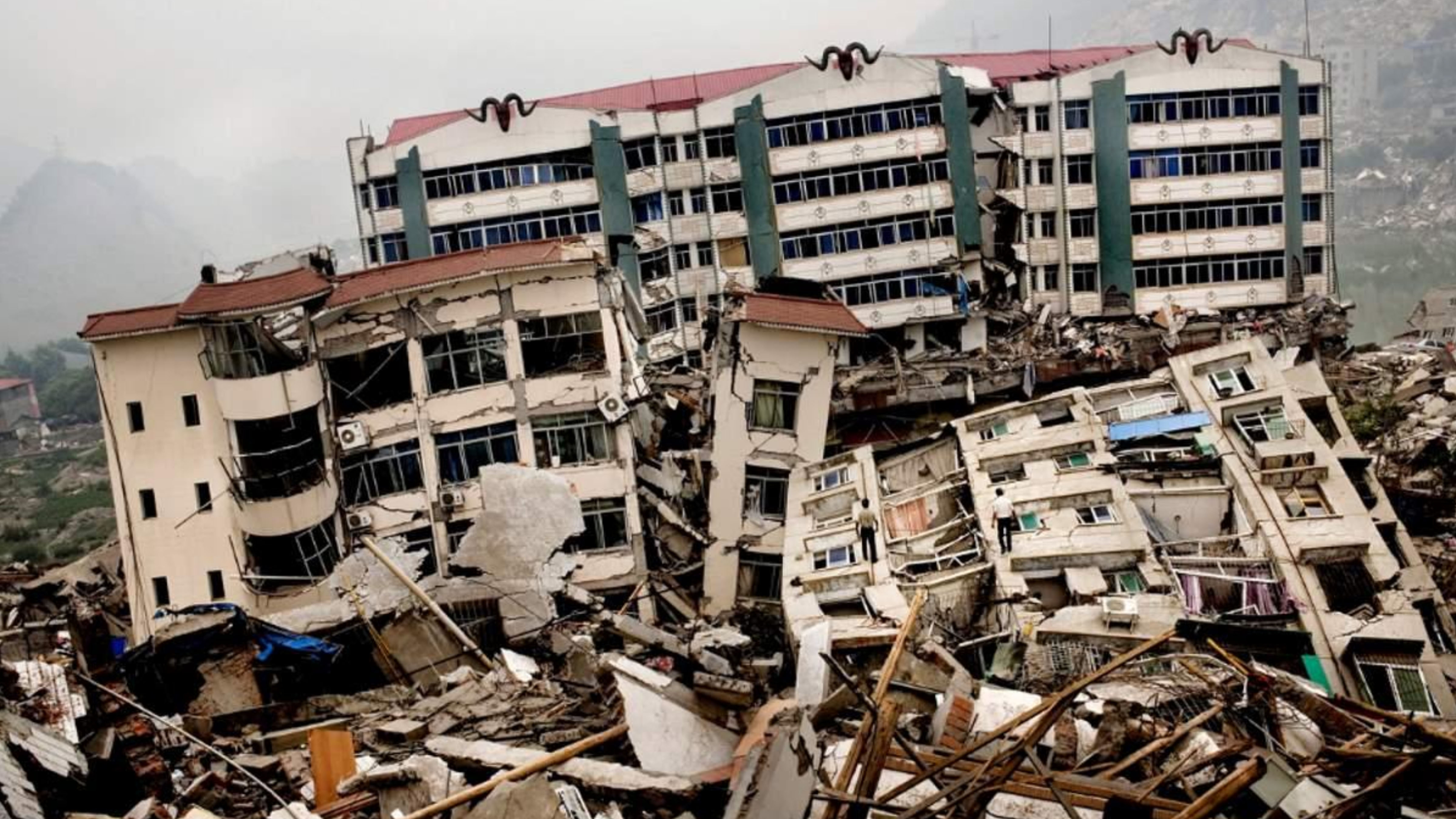 Severely damaged buildings and rubble after the devastating 2008 Sichuan earthquake in China.