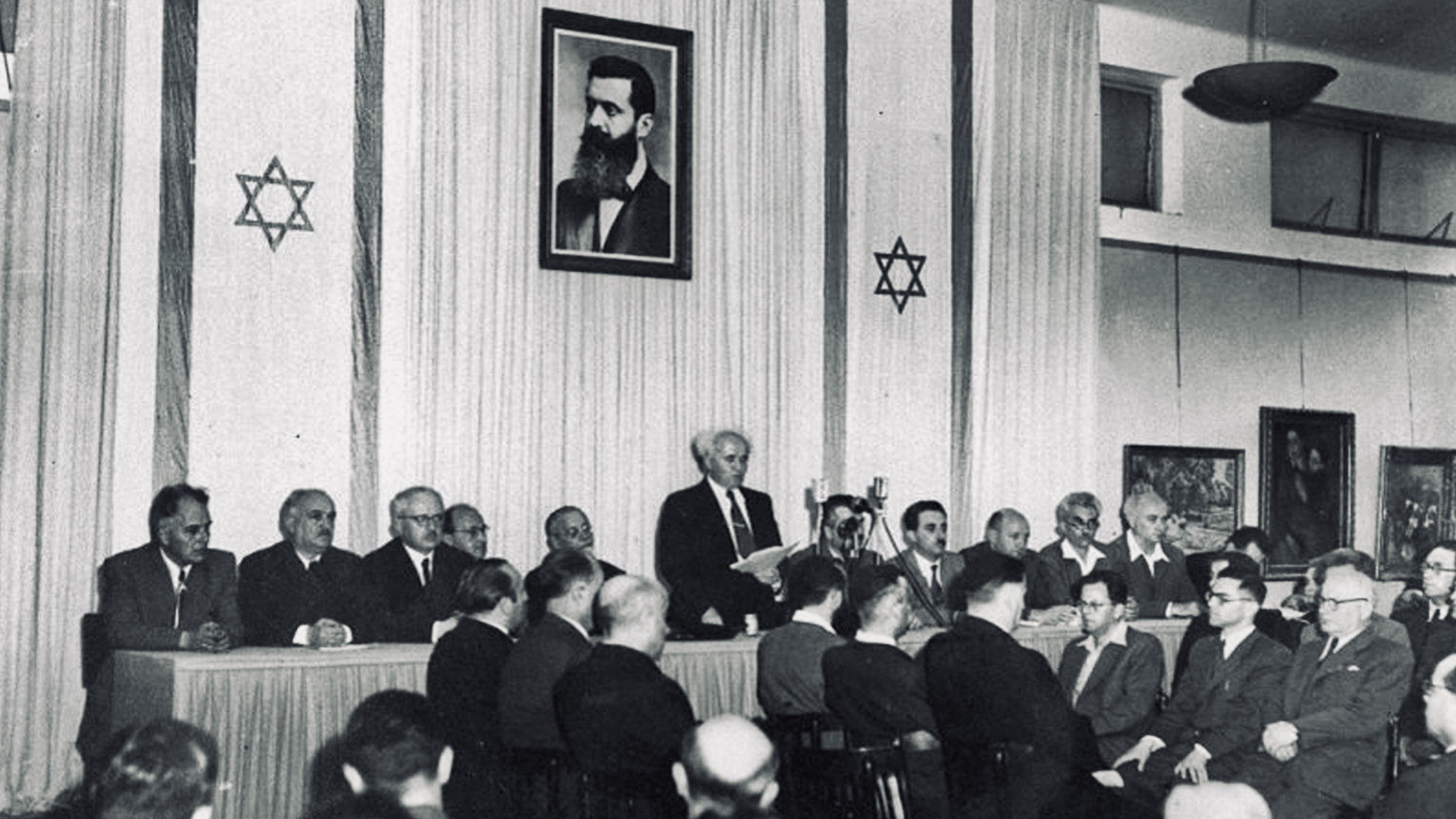 David Ben-Gurion speaking during the declaration ceremony establishing the State of Israel in Tel Aviv on May 14, 1948