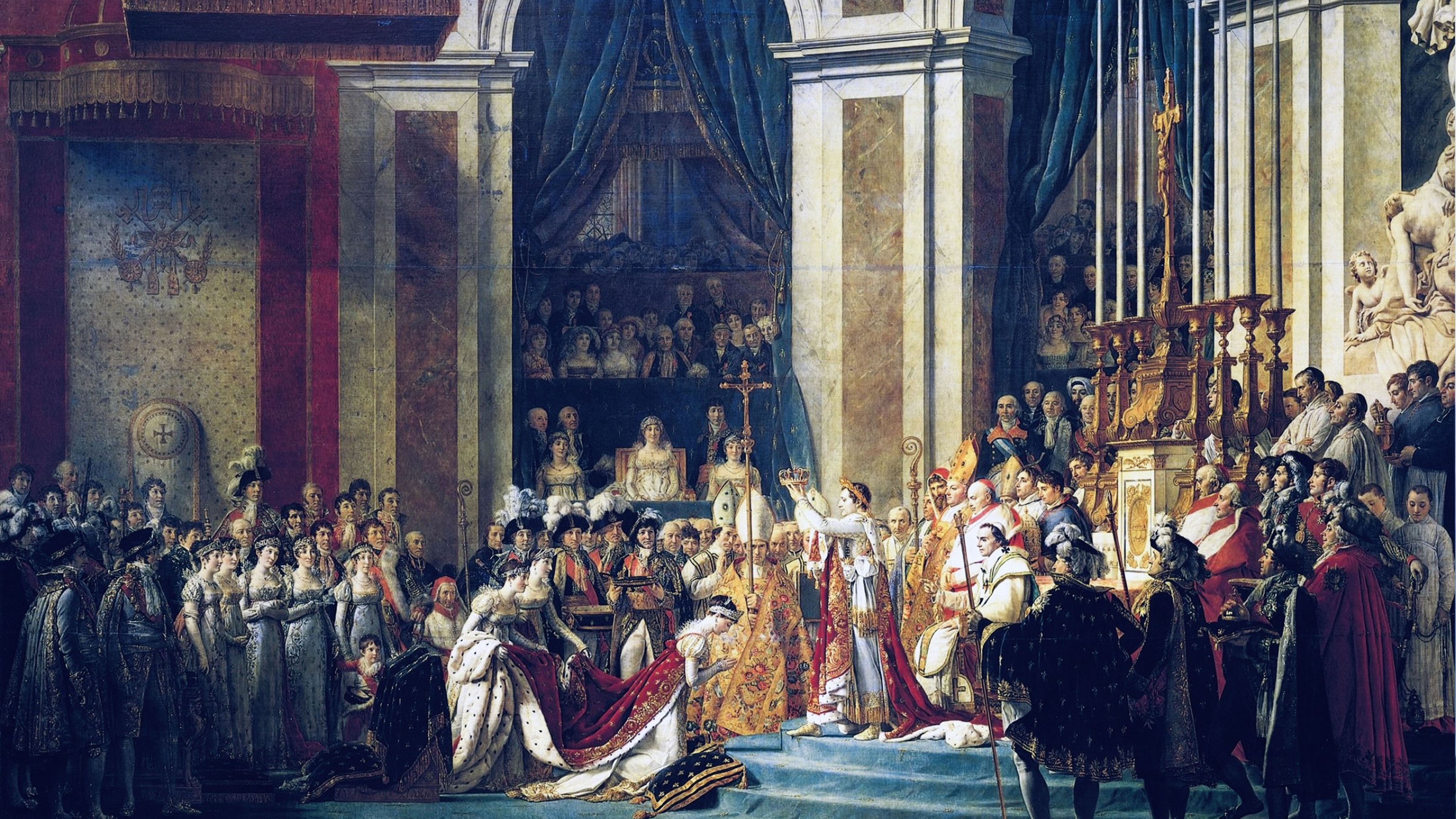 Historic painting depicting Napoleon Bonaparte’s coronation ceremony as Emperor of the French inside Notre-Dame Cathedral in Paris.