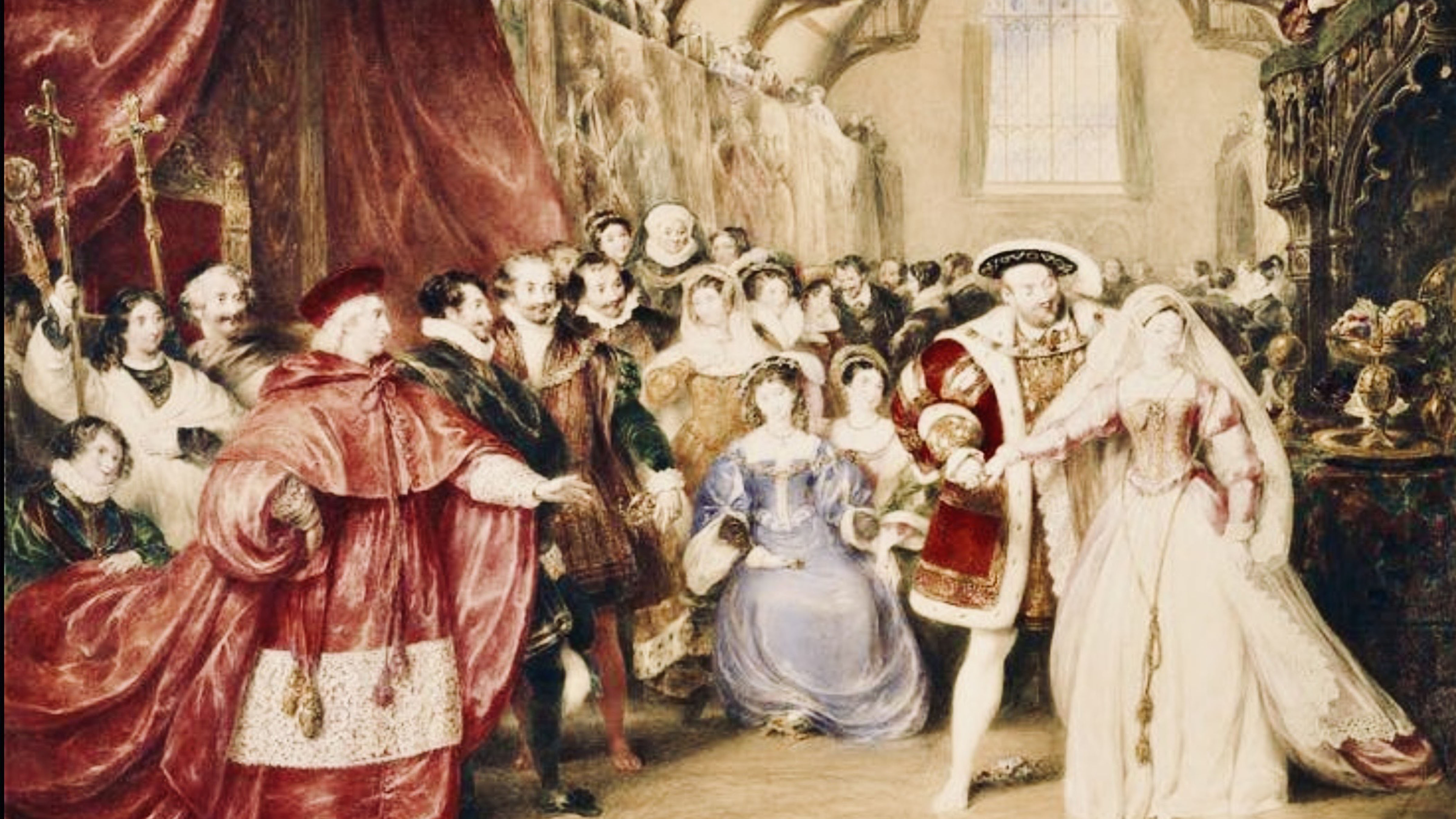 Historical painting depicting King Henry VIII and Anne Boleyn during the Tudor era surrounded by members of the English royal court.