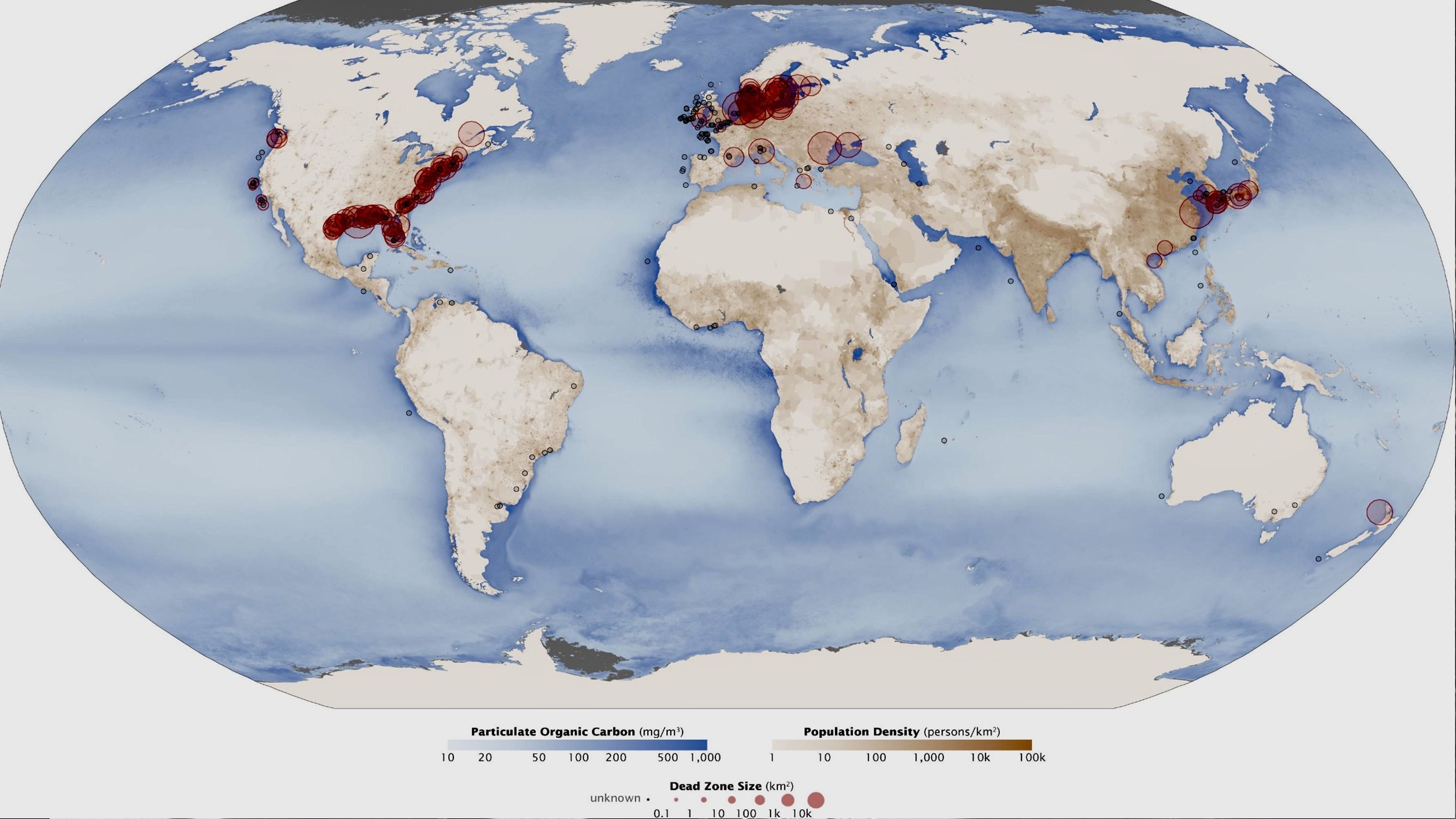 World map showing the distribution of marine dead zones and low-oxygen regions concentrated near heavily populated coastal areas.