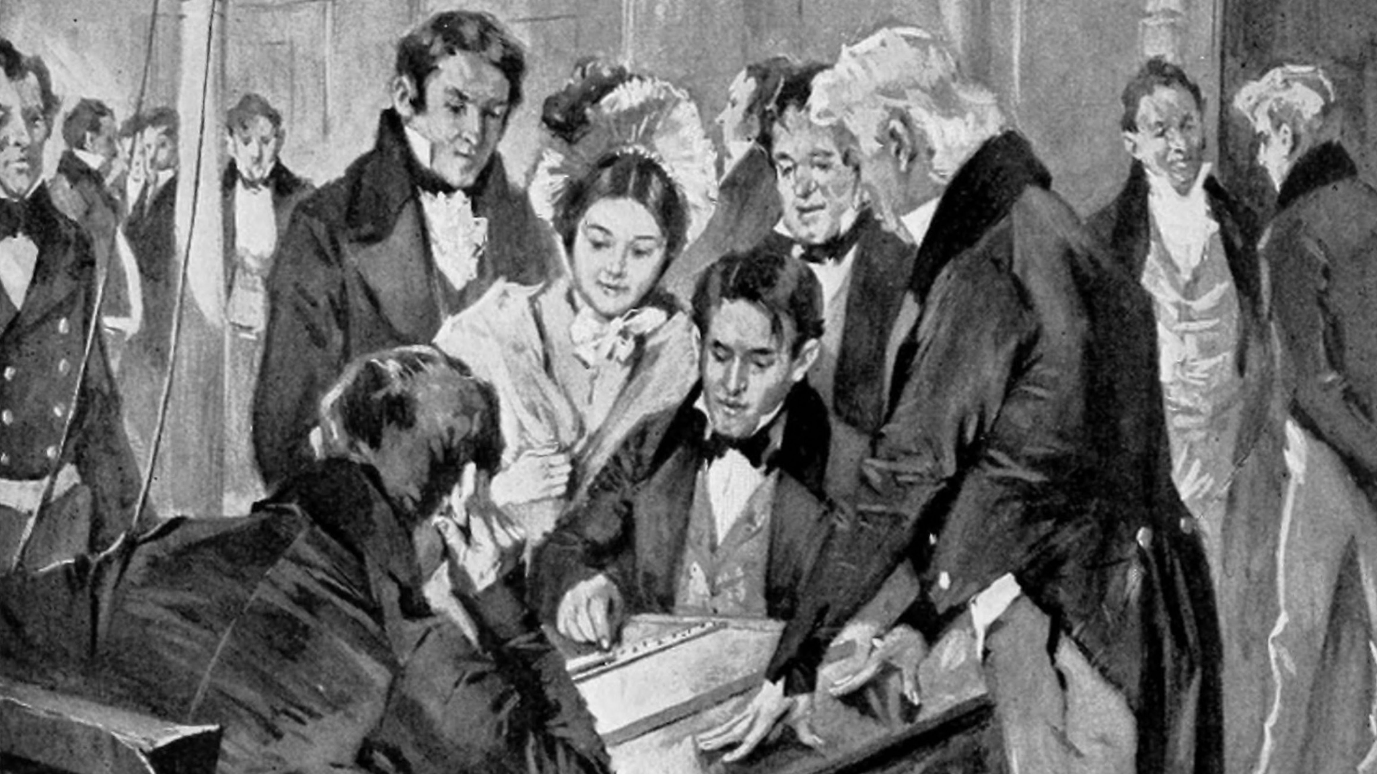 Historical illustration showing Samuel Morse demonstrating the electric telegraph during the first successful long-distance message transmission in 1844.