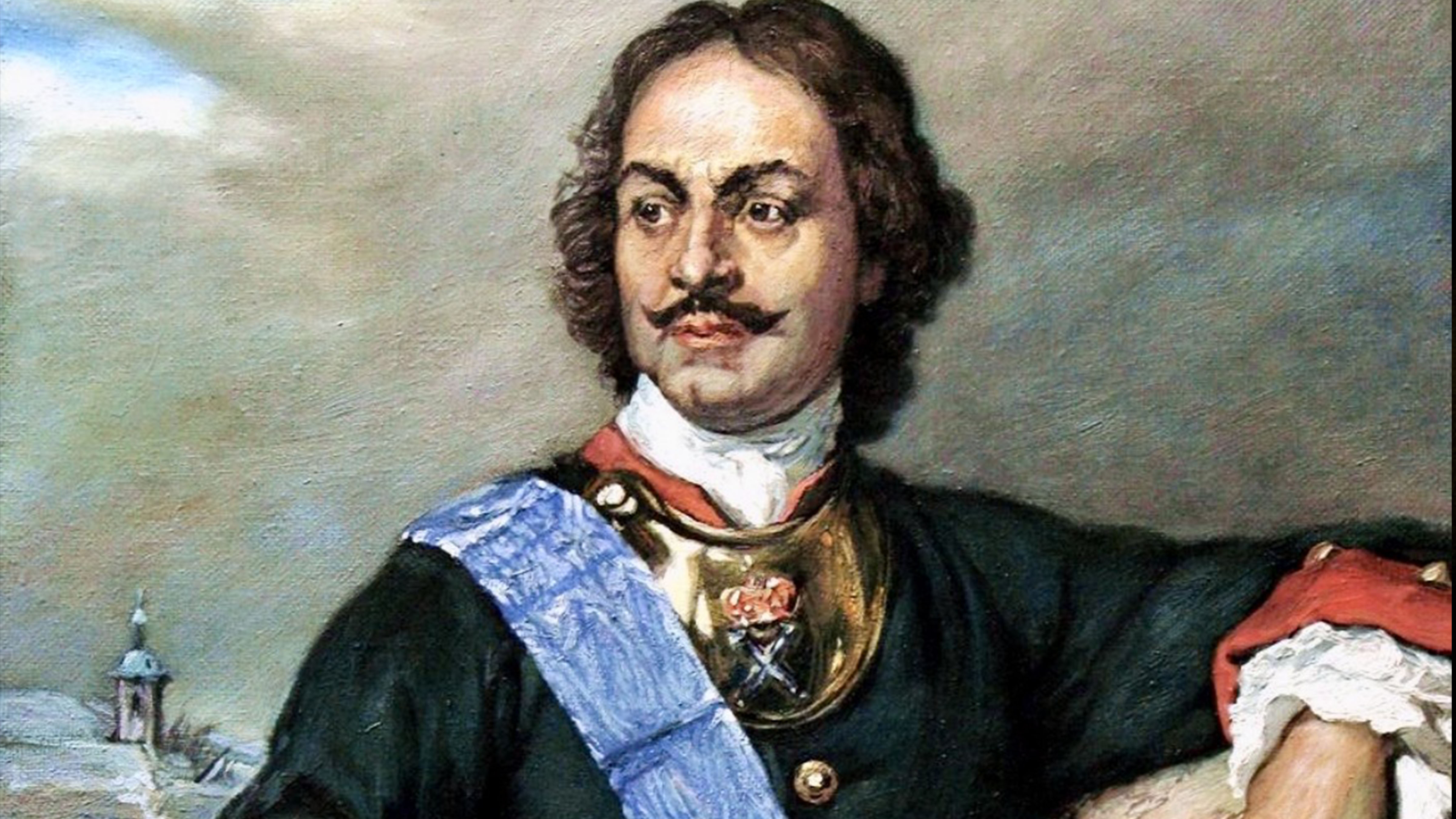 Classical portrait painting of Peter the Great wearing military attire and holding architectural plans.