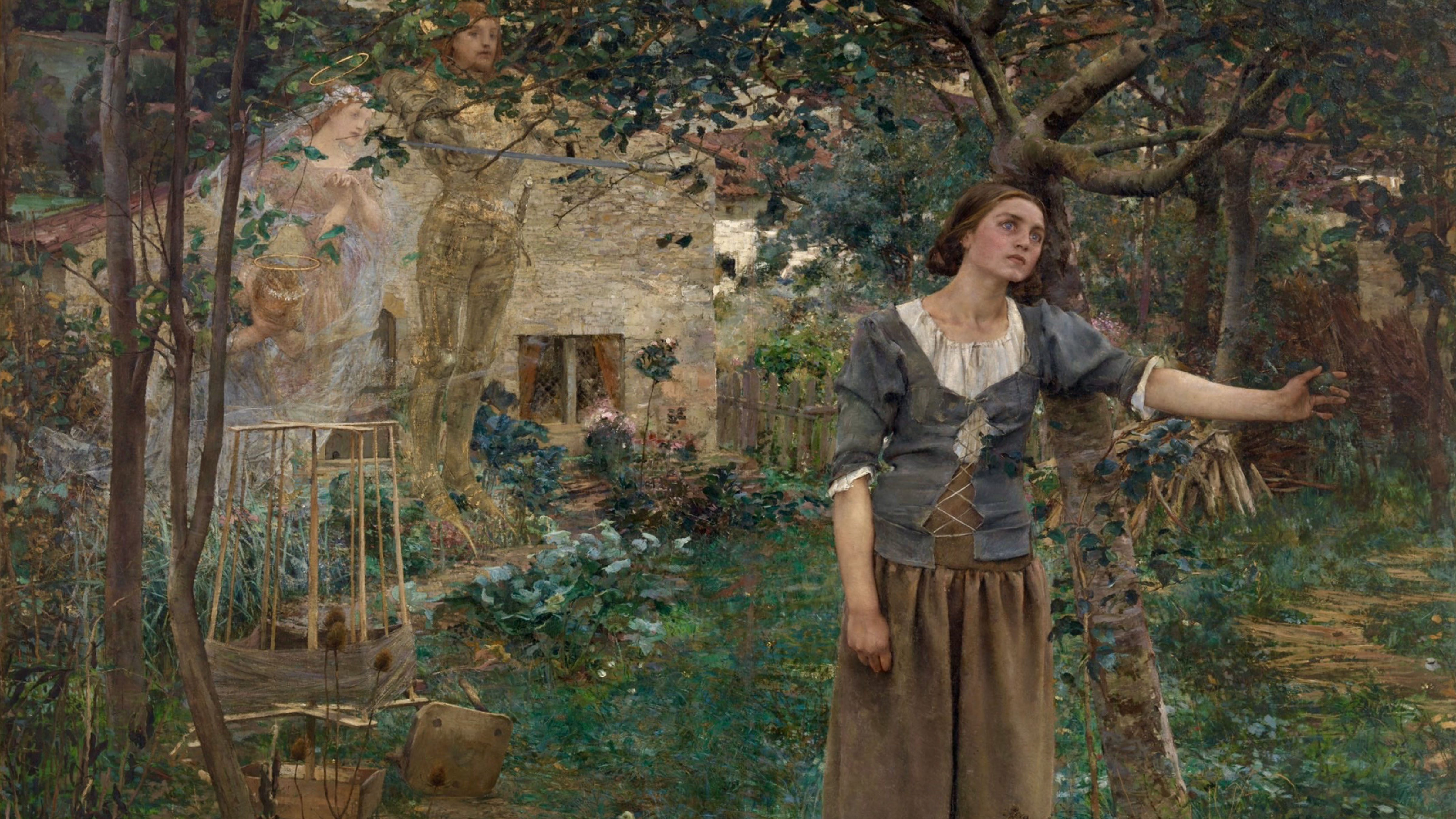 Public domain painting depicting Joan of Arc standing in her family’s garden as she experiences the visions that inspired her role in French history.