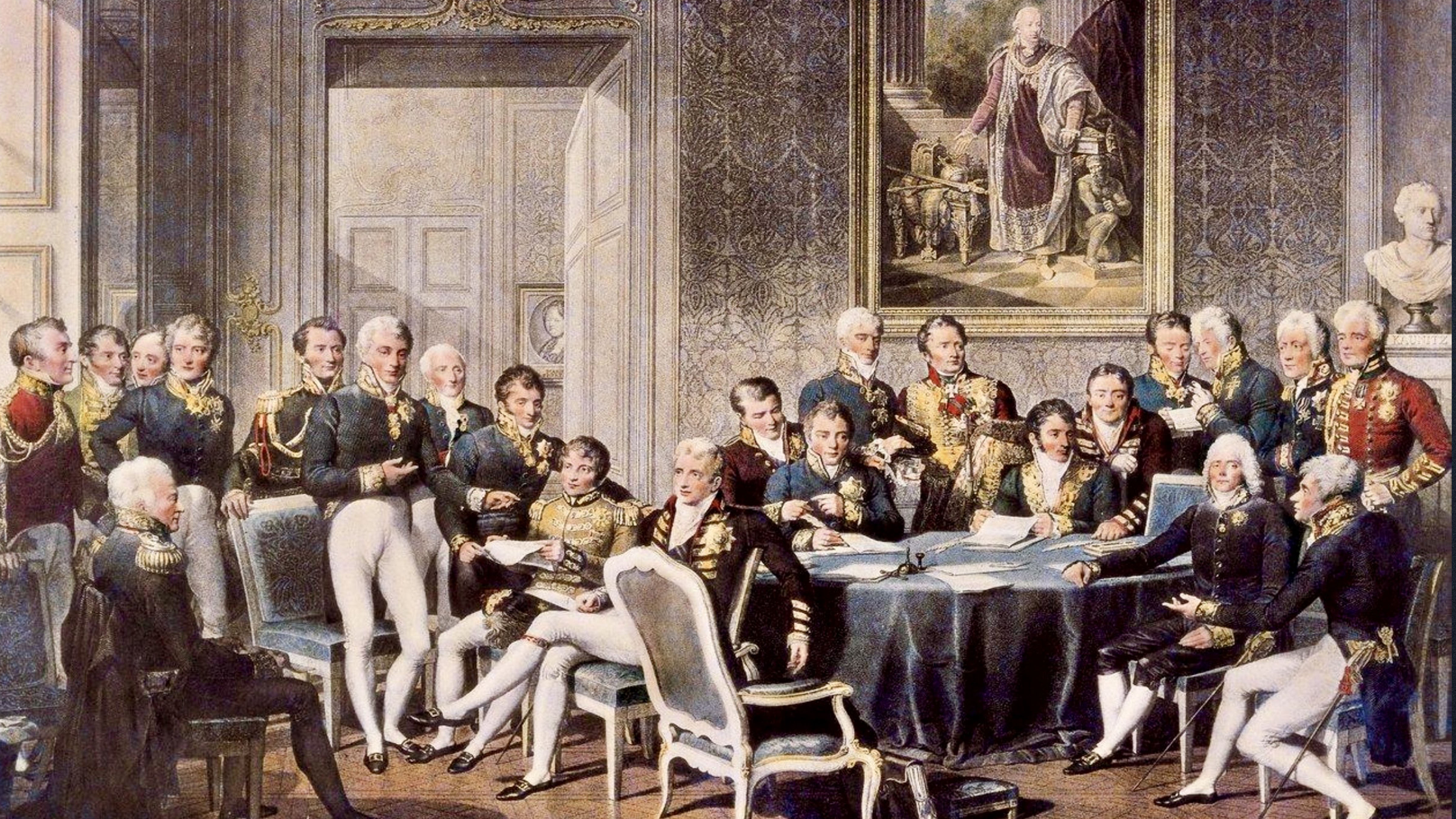 Delegates representing Europe’s major powers gather during the Congress of Vienna in 1815 to negotiate the post-Napoleonic settlement.