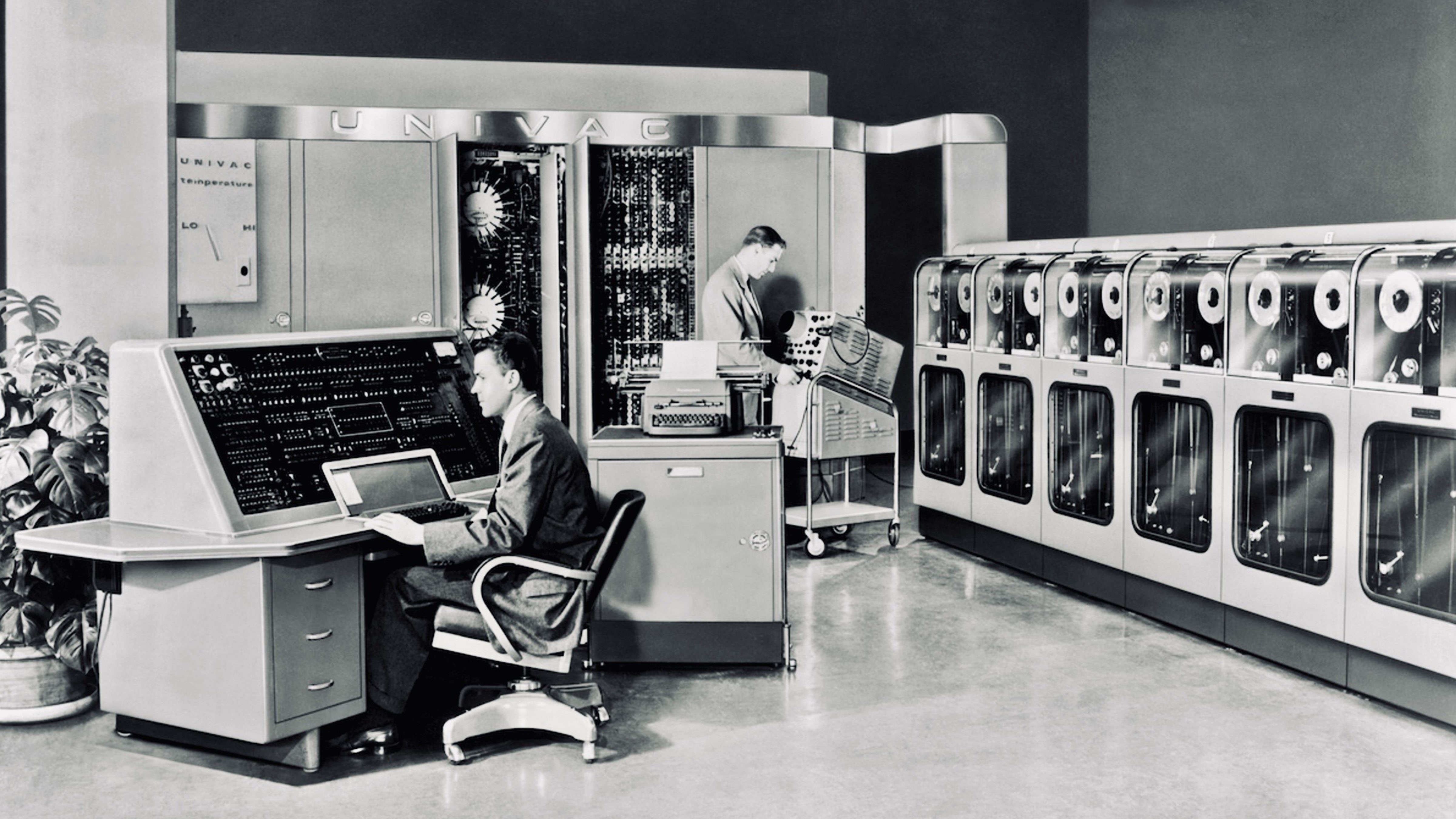 Historic UNIVAC I computer installation at the U.S. Census Bureau in 1951, marking the beginning of commercial computing in the United States.