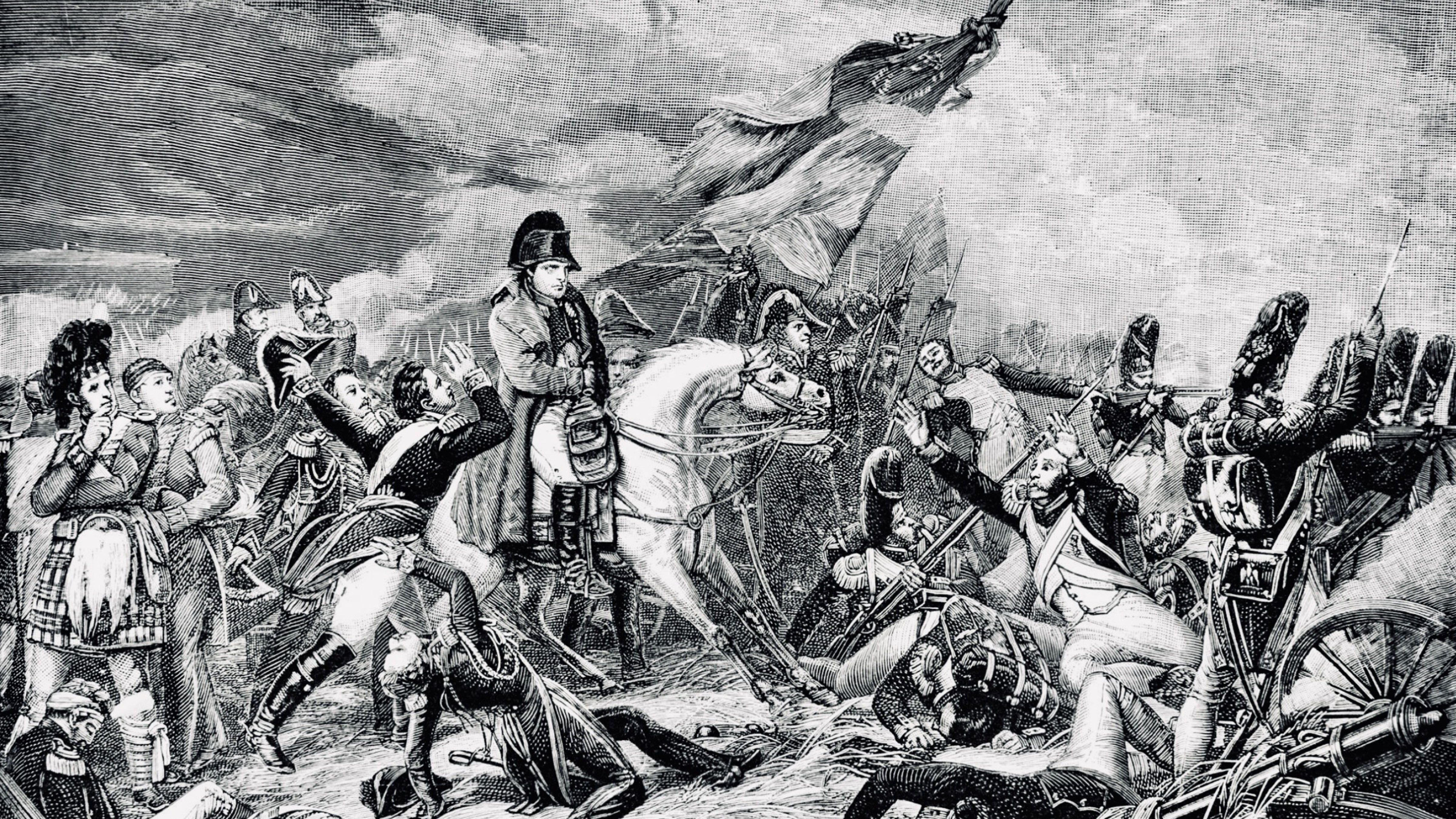 Historical engraving depicting Napoleon Bonaparte during the Battle of Waterloo as French and Allied forces clash during his final military campaign.
