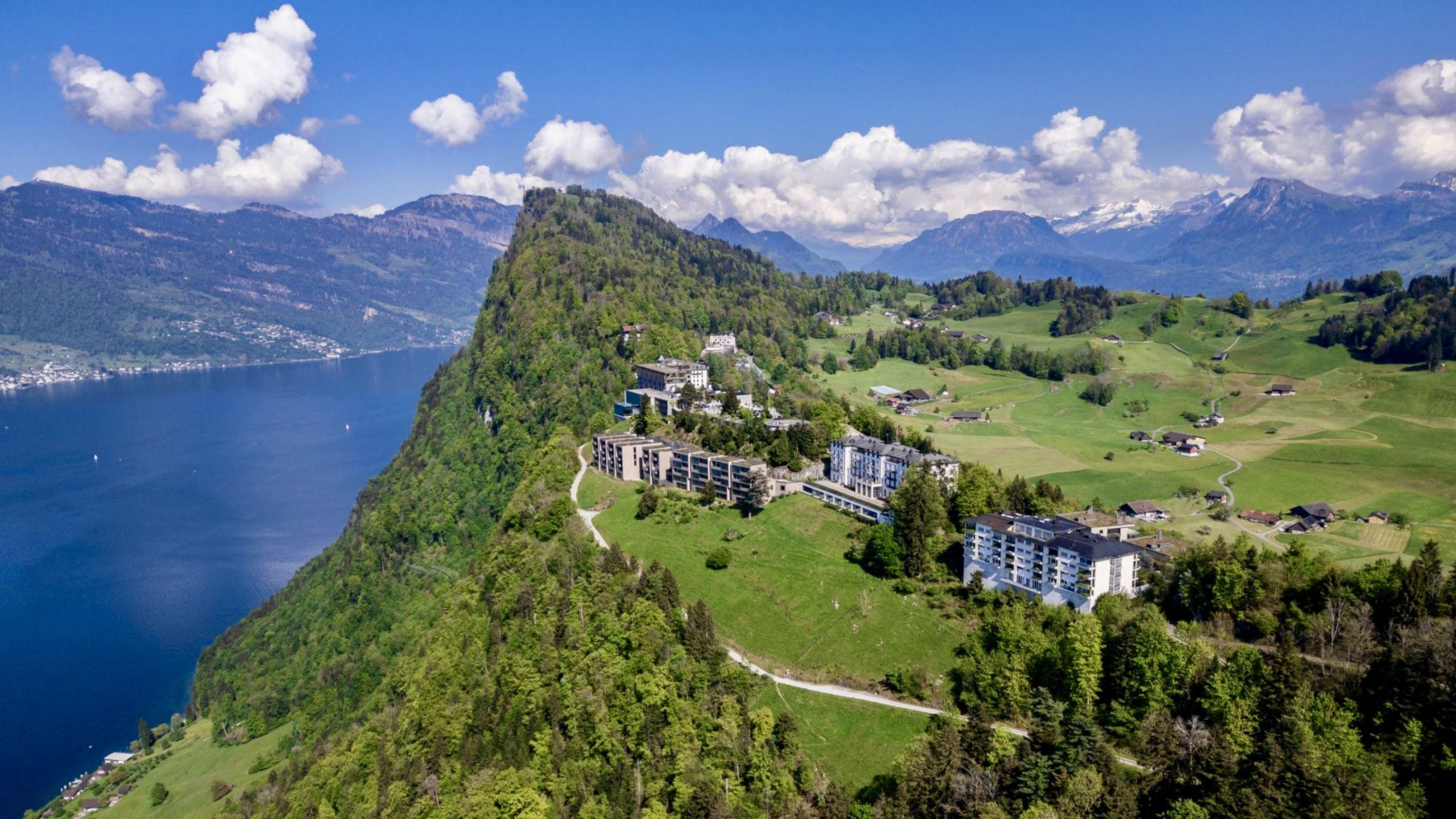 Aerial view of the Bürgenstock resort overlooking Lake Lucerne in Switzerland, where U.S. and Iranian officials are holding diplomatic negotiations.
