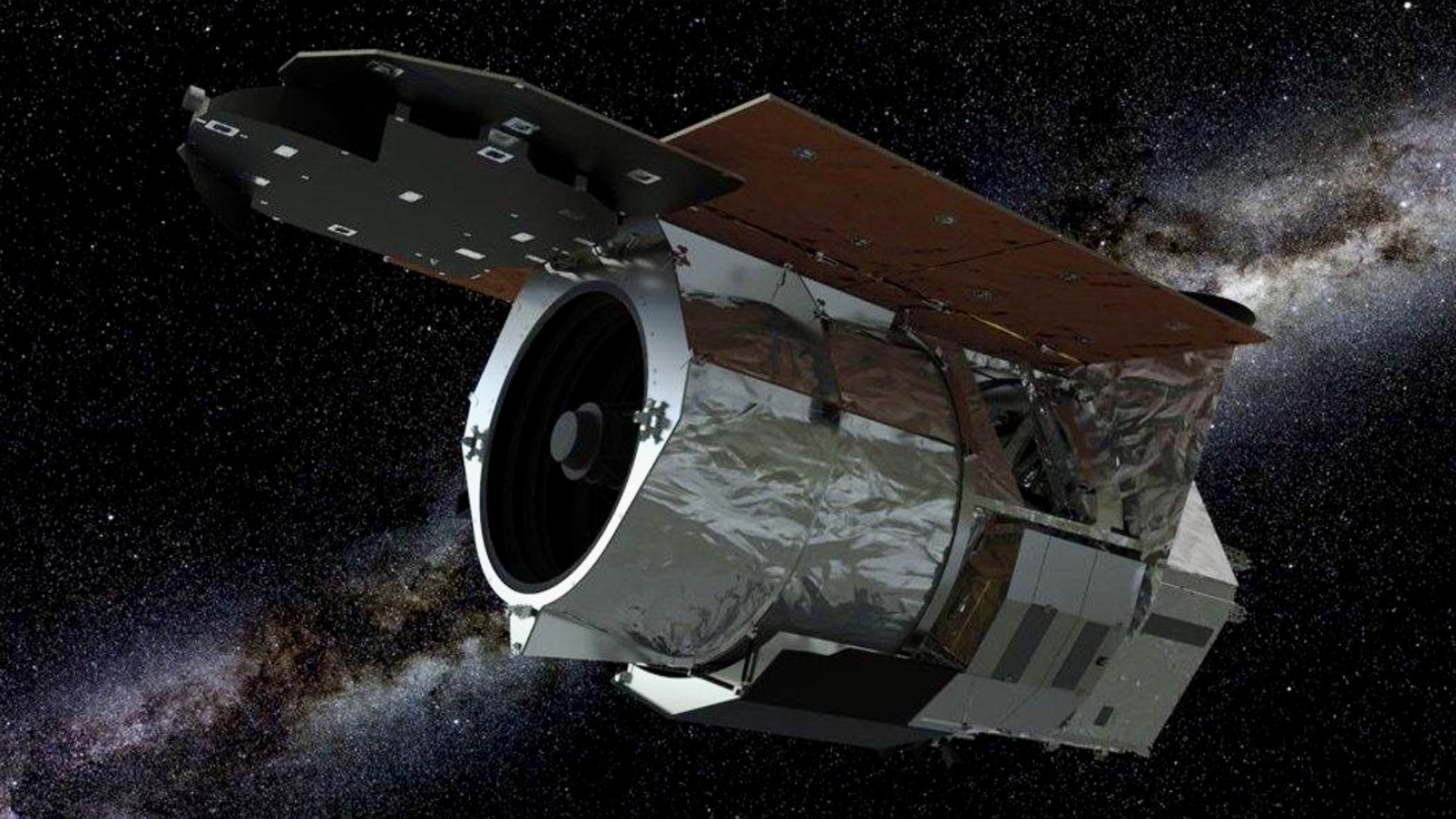 Official NASA illustration of the Nancy Grace Roman Space Telescope in space with the Milky Way visible in the background.