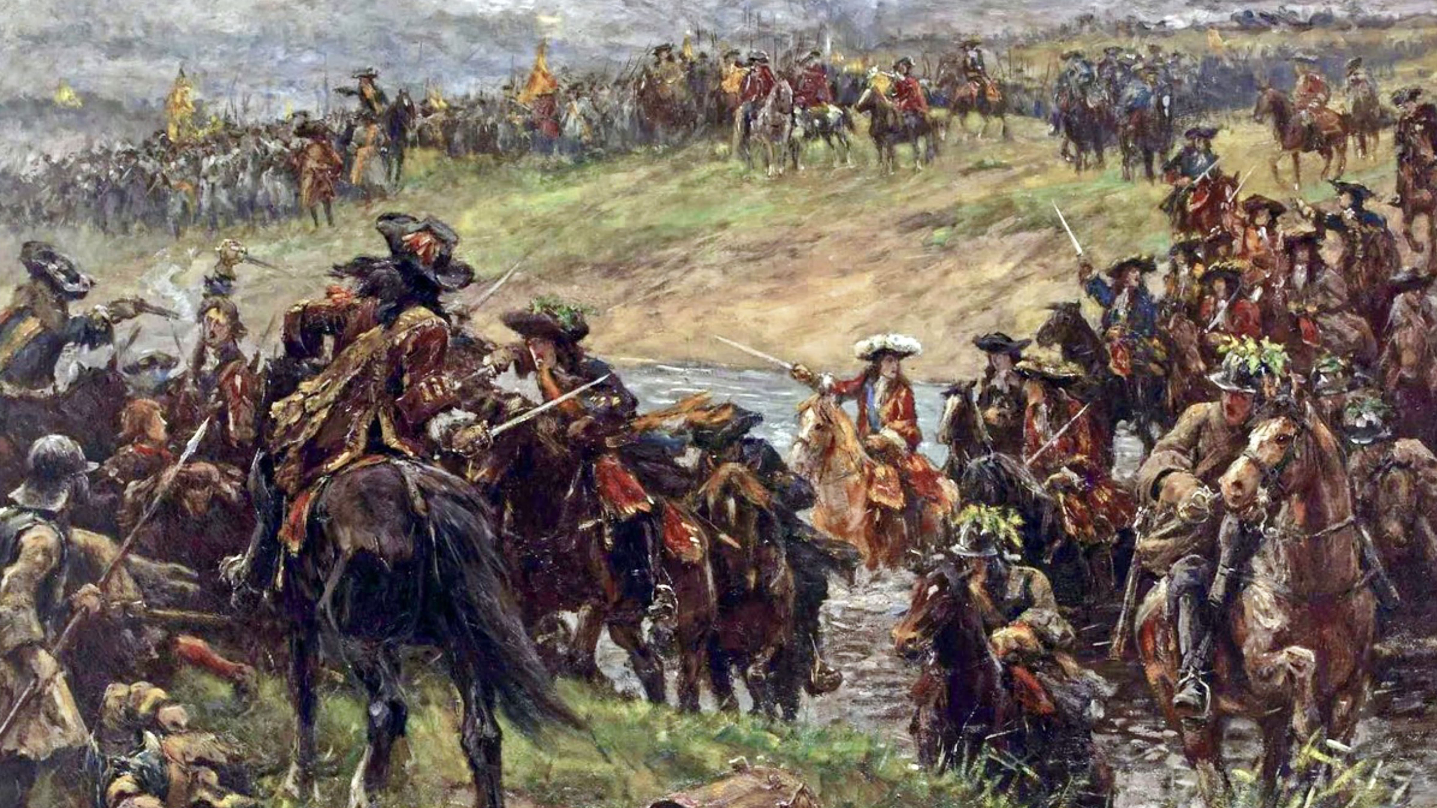 Historical painting depicting the Battle of the Boyne, with King William III leading cavalry across the River Boyne as opposing forces clash during the decisive battle in Ireland on July 12, 1690.