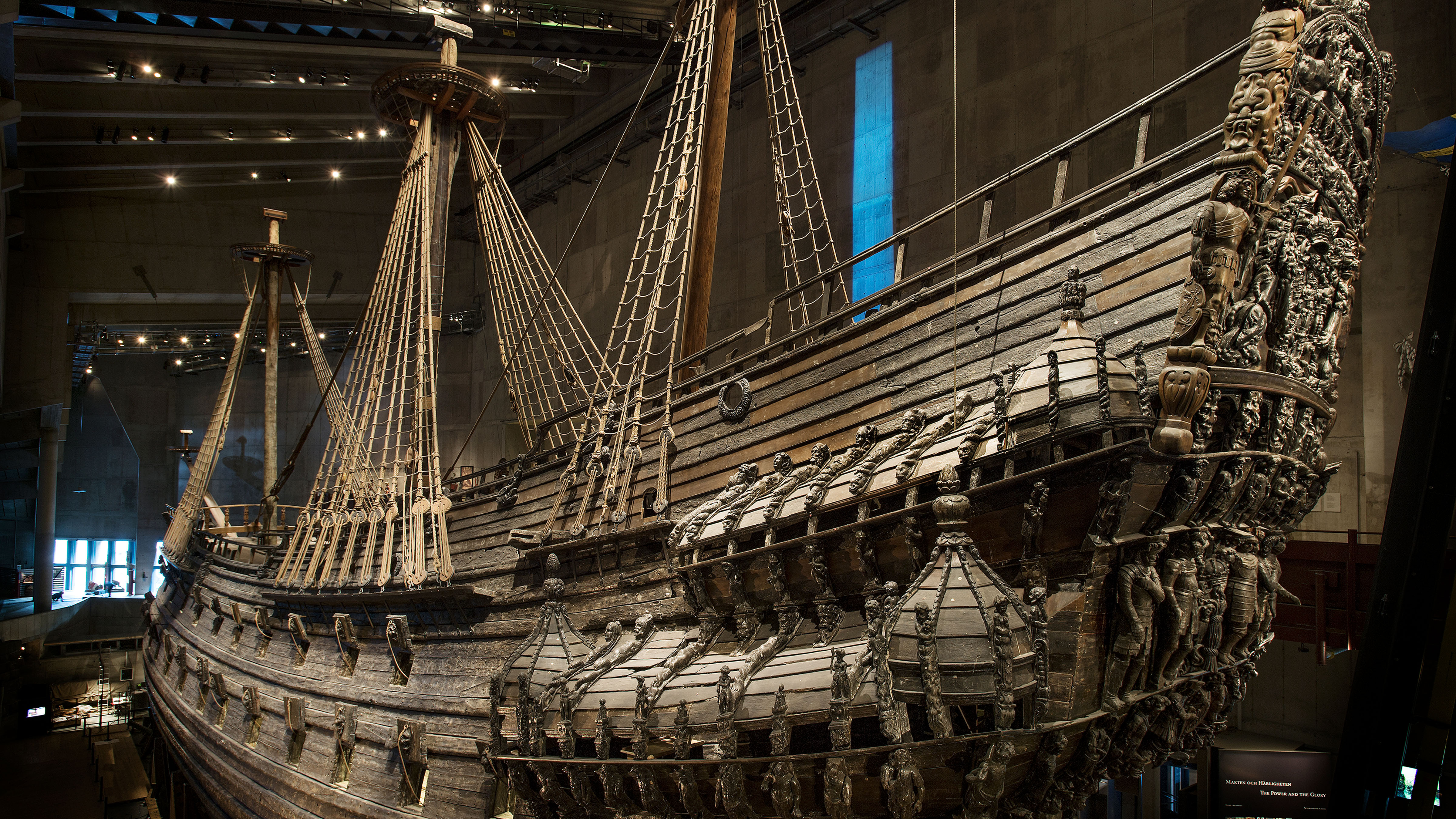 The preserved 17th-century Swedish warship Vasa displayed inside the Vasa Museum in Stockholm.