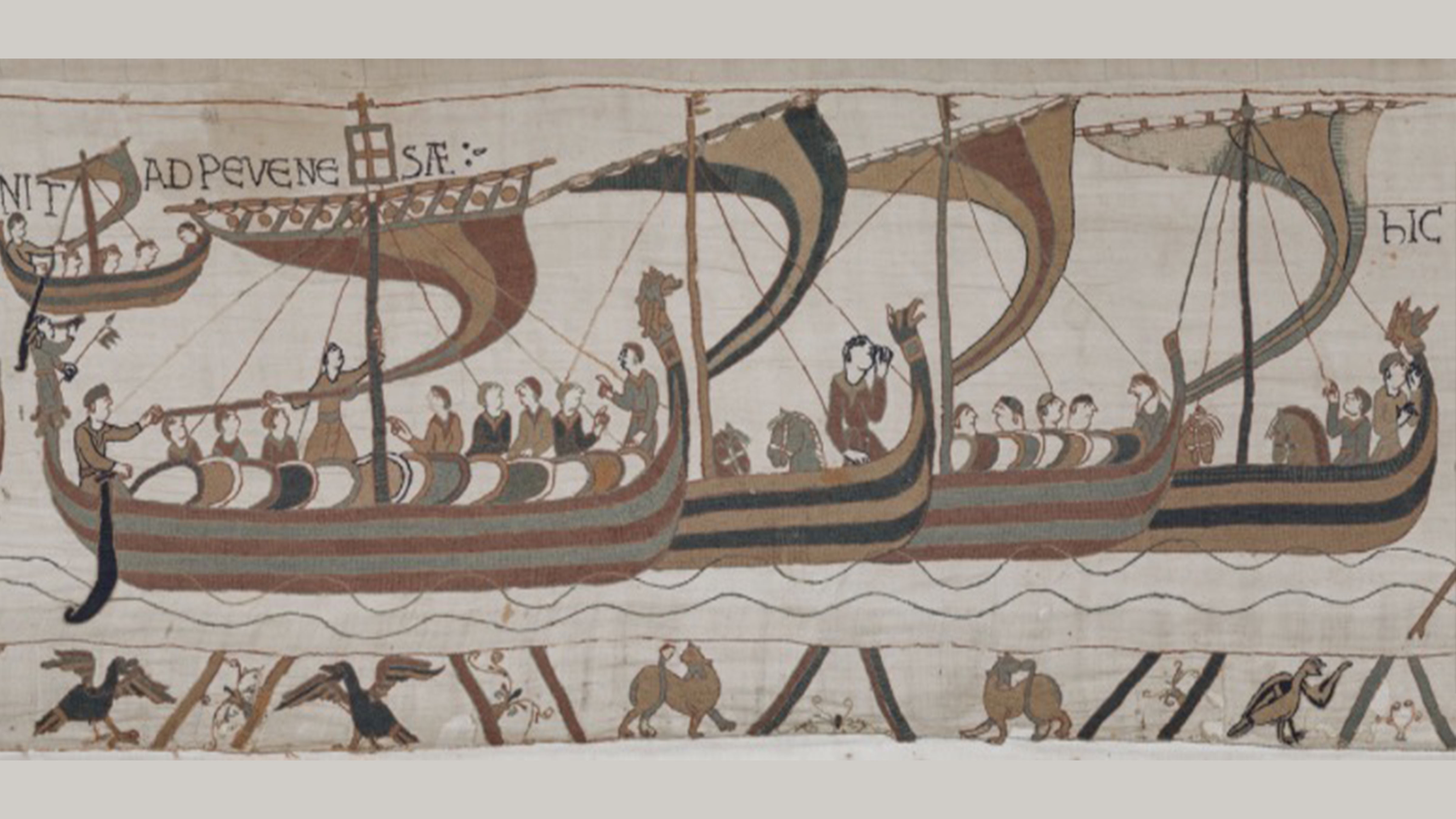 Bayeux Tapestry scene showing William’s Norman invasion fleet sailing toward Pevensey, England, in 1066.