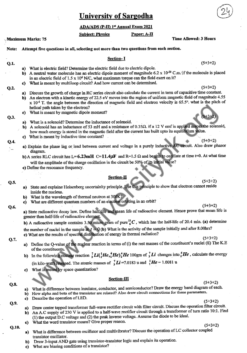 Physics ADS Part Two Paper-A-II 2021 Sargodha University Past Papers