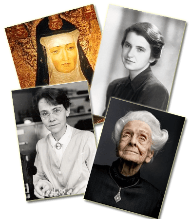Mujeres en la ciencia: de izquierda a derecha y de arriba abajo, Hildegard von Bigen, Rosalind Franklin, Barbara McClintock y Rita Levi Montalcini