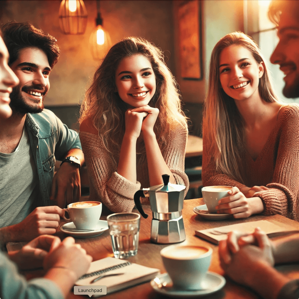 un groupe de jeunes adultes autour d'un café
