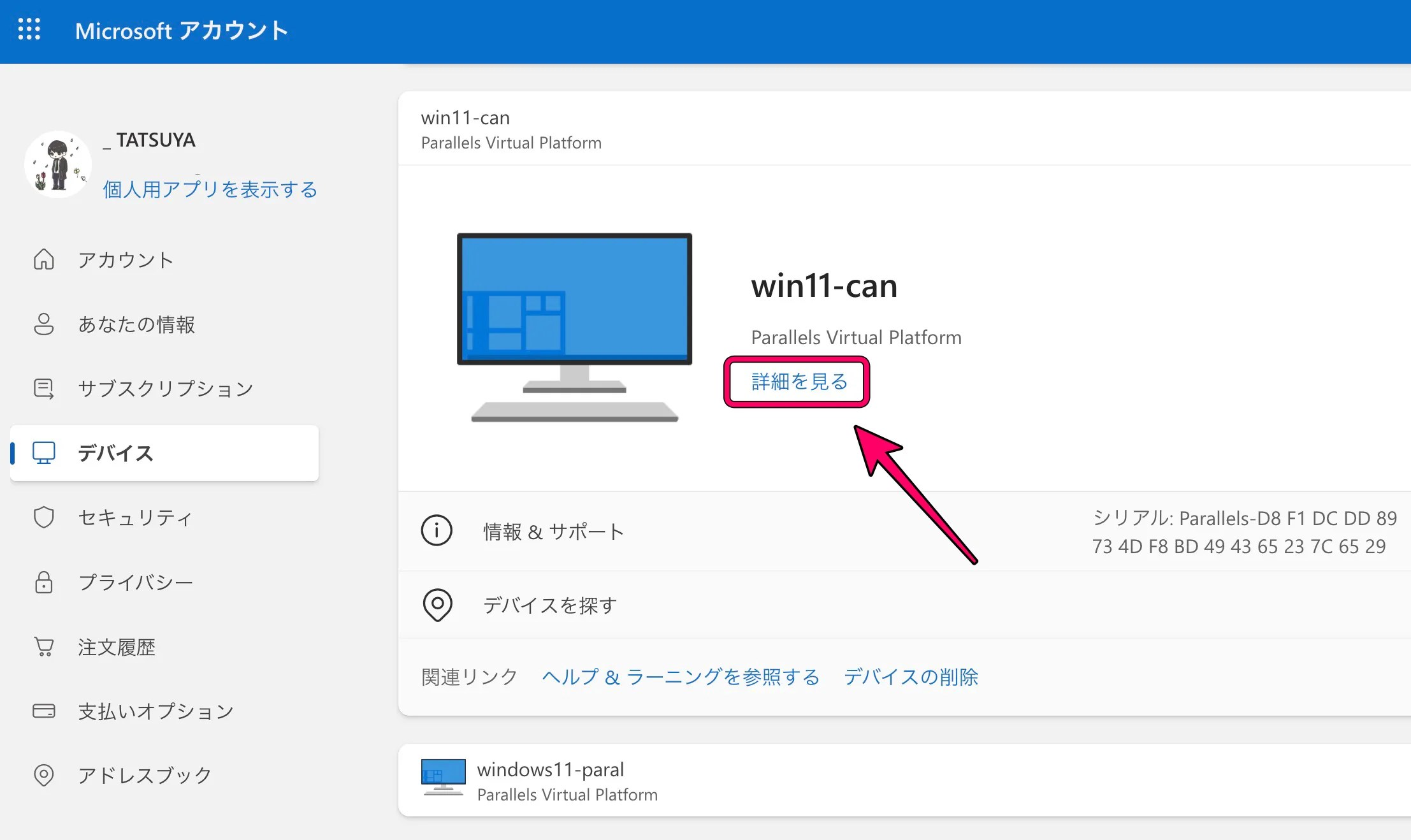 デバイスタブで「詳細を見る」をクリックする