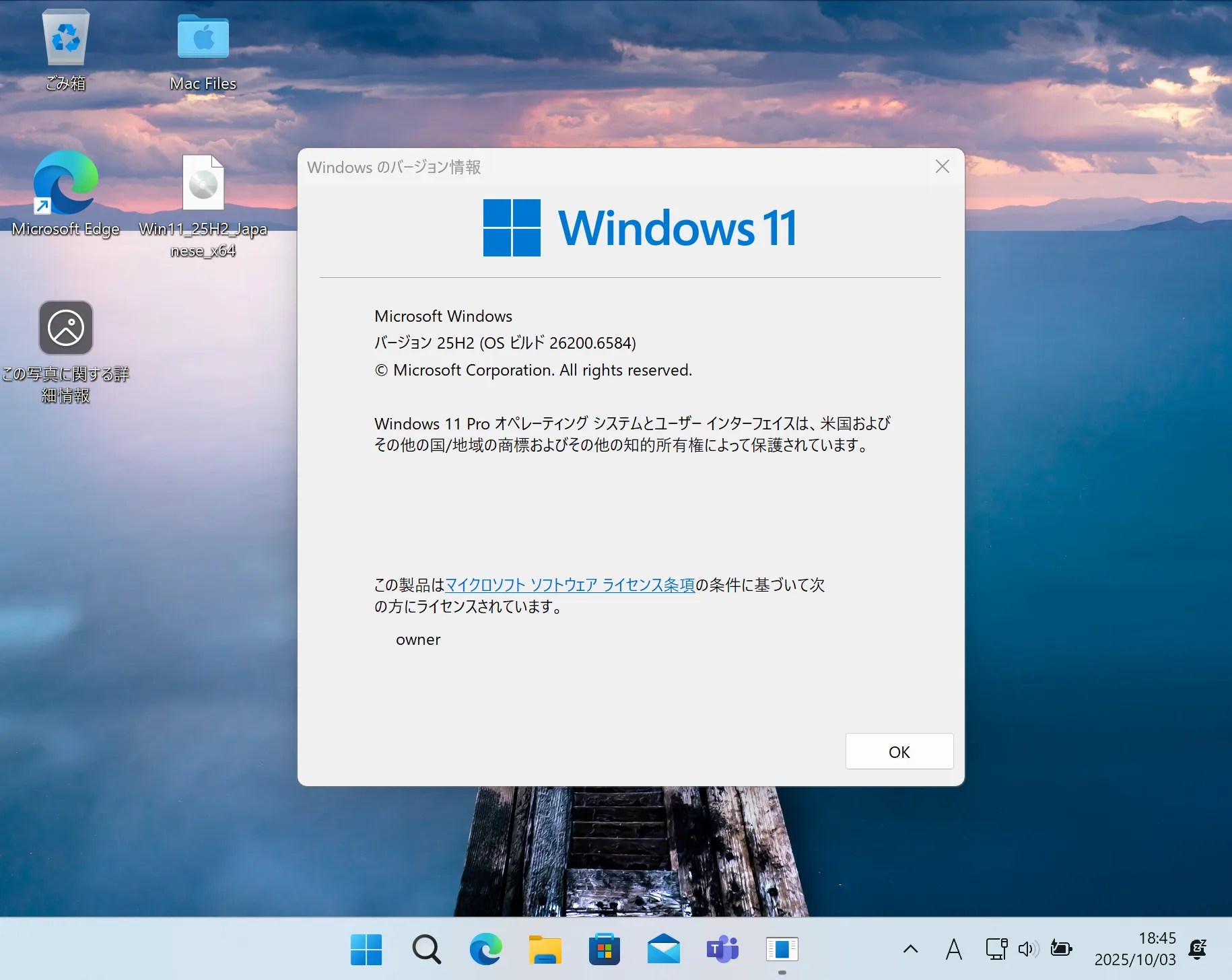Windows11のバージョン情報画面