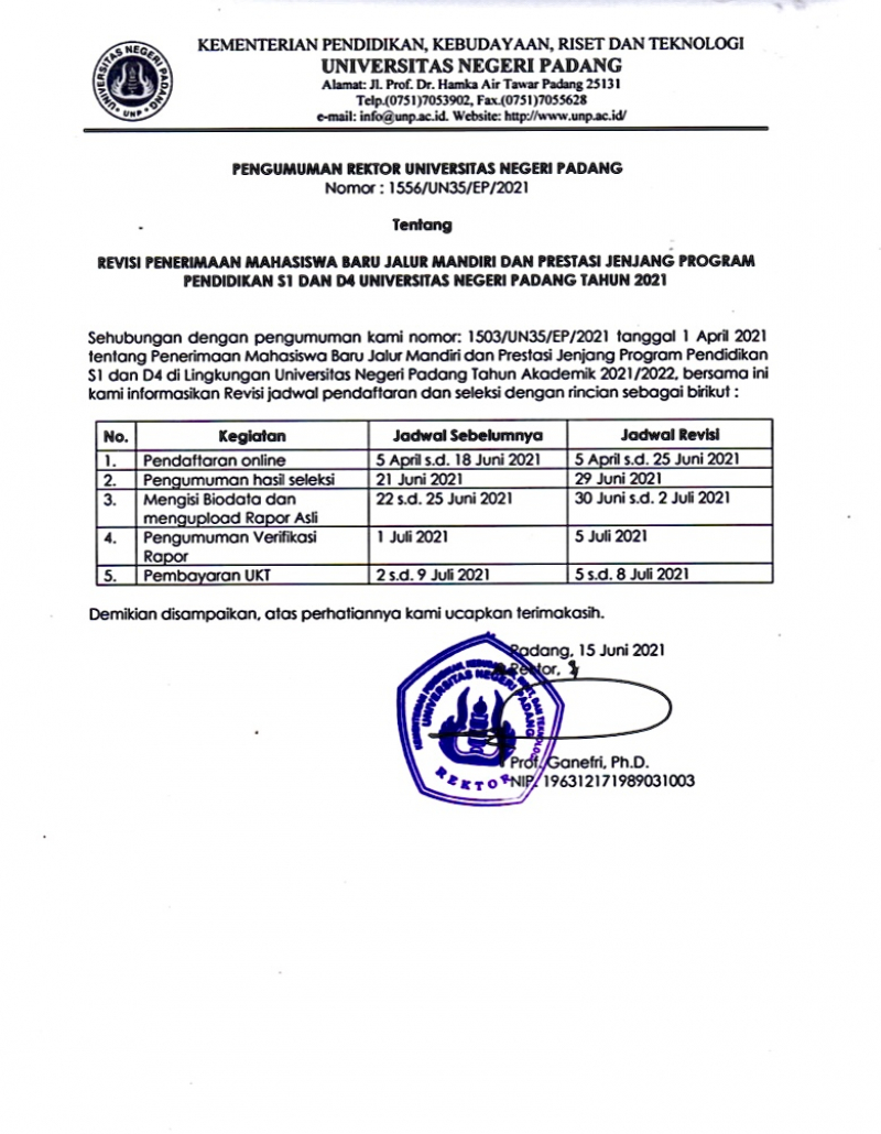 Masukkan nomor peserta mandiri/prestasi dan tanggal lahir. Universitas Negeri Padang Official Website