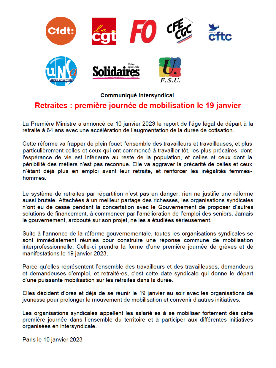 Grève et mobilisation pour le 19 janvier 2023