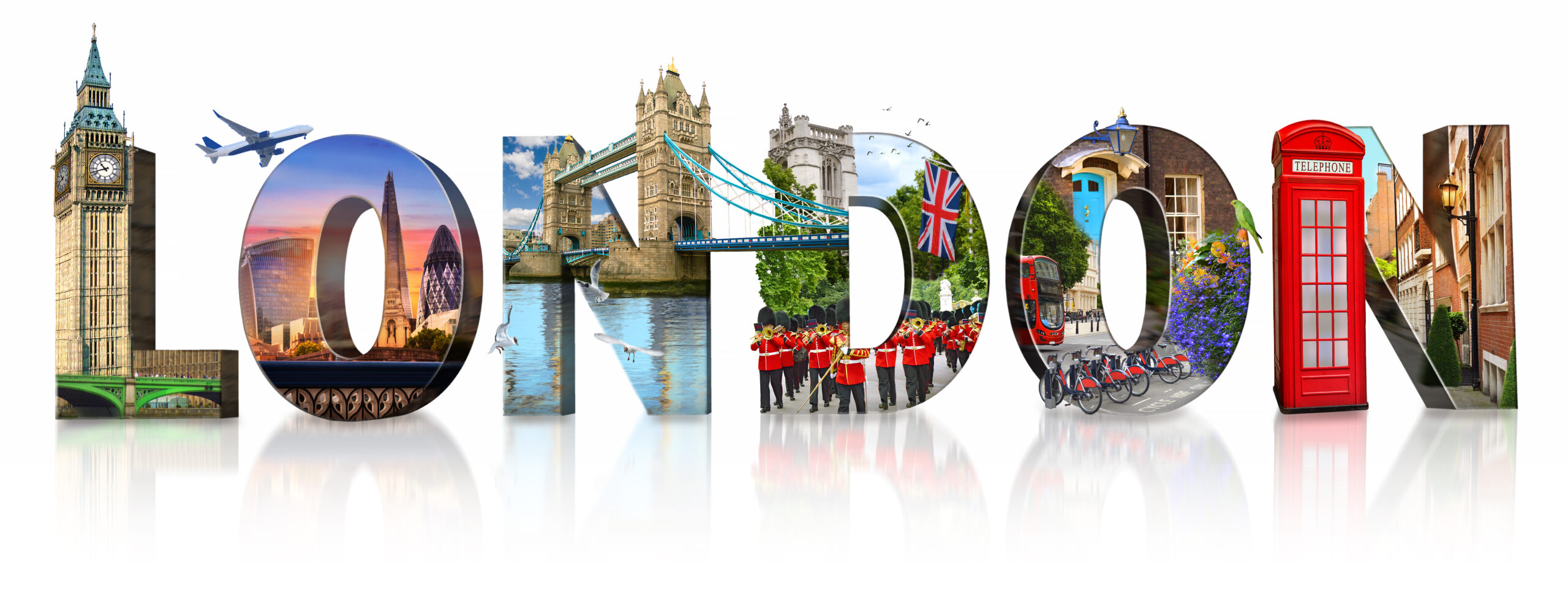 London city landmarks. Word illustration of most famous London monuments and places