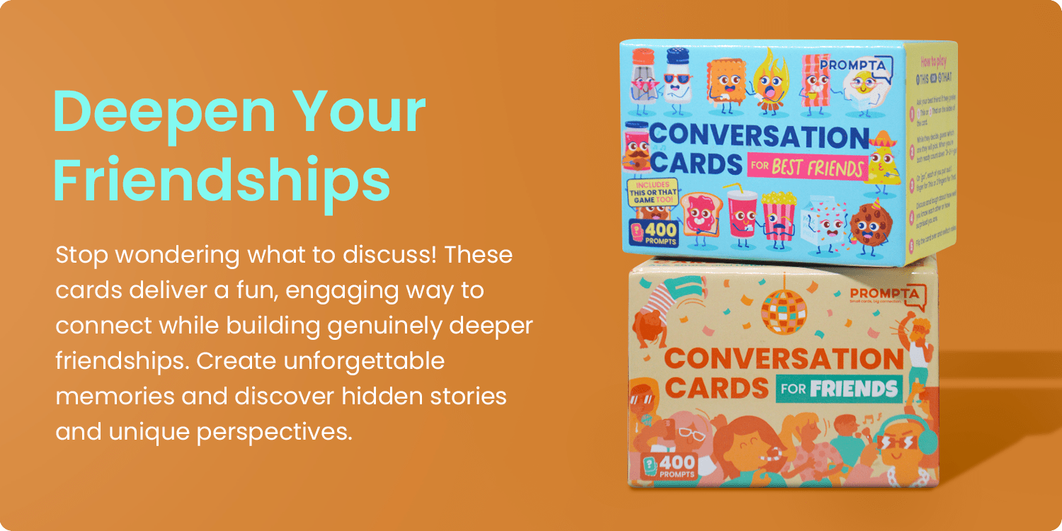 "Deepen your friendships. Stop wondering what to discuss! These cards deliver a fun, engaging way to connect while building genuinely deeper friendships. Create unforgettable memories and discover hidden stories and unique perspectives."