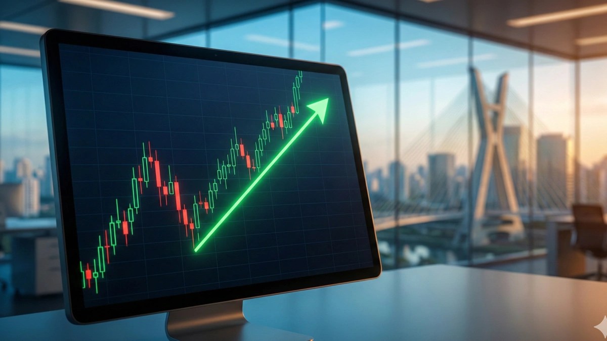 Gráfico de velas do Ibovespa futuro com seta indicando queda na abertura e seta indicando potencial de alta.