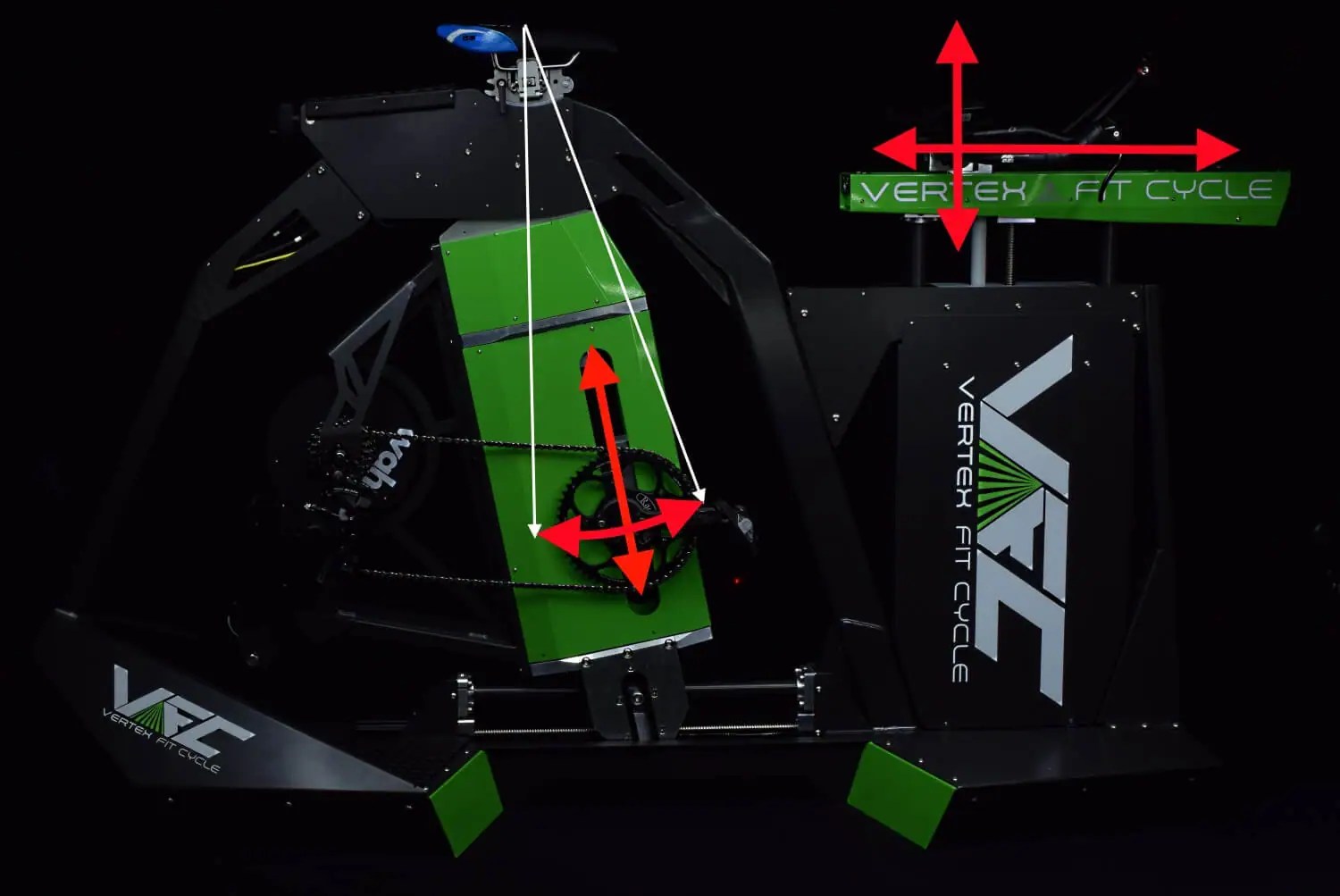 Vertex Fit Cycle showing the adjustment axes that move the contact points around the rider during a bike fit