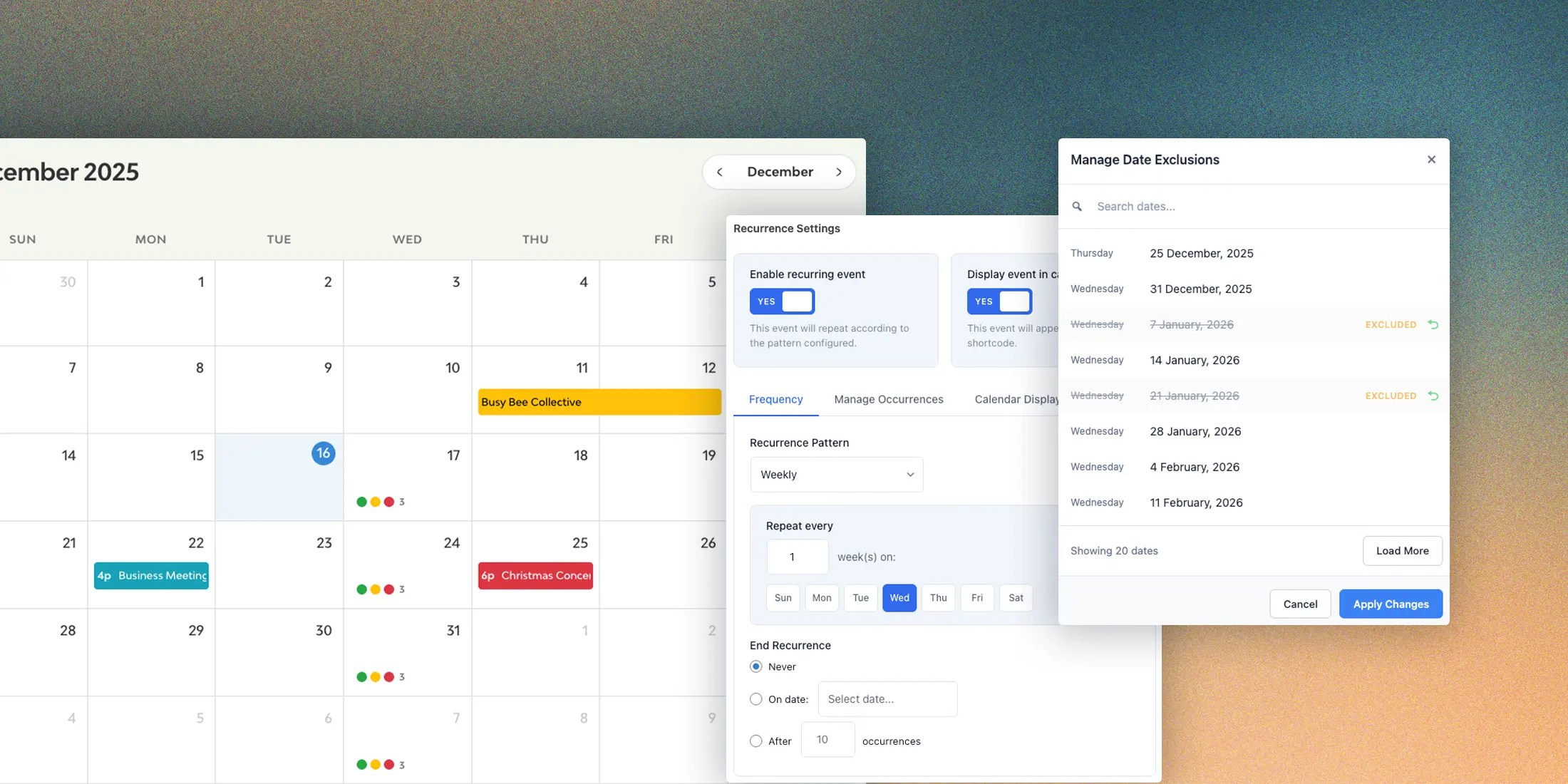 lista recurring events ui calendar