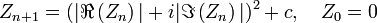 Z_{n+1} = (|\Re \left(Z_n\right)|+i|\Im \left(Z_n\right)|)^2 + c, \quad Z_0=0