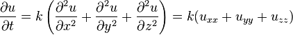 {\partial u\over \partial t} = k \left({\partial^2 u\over \partial x^2 } + {\partial^2 u\over \partial y^2 } + {\partial^2 u\over \partial z^2 }\right)  = k ( u_{xx} + u_{yy} + u_{zz} ) \quad 