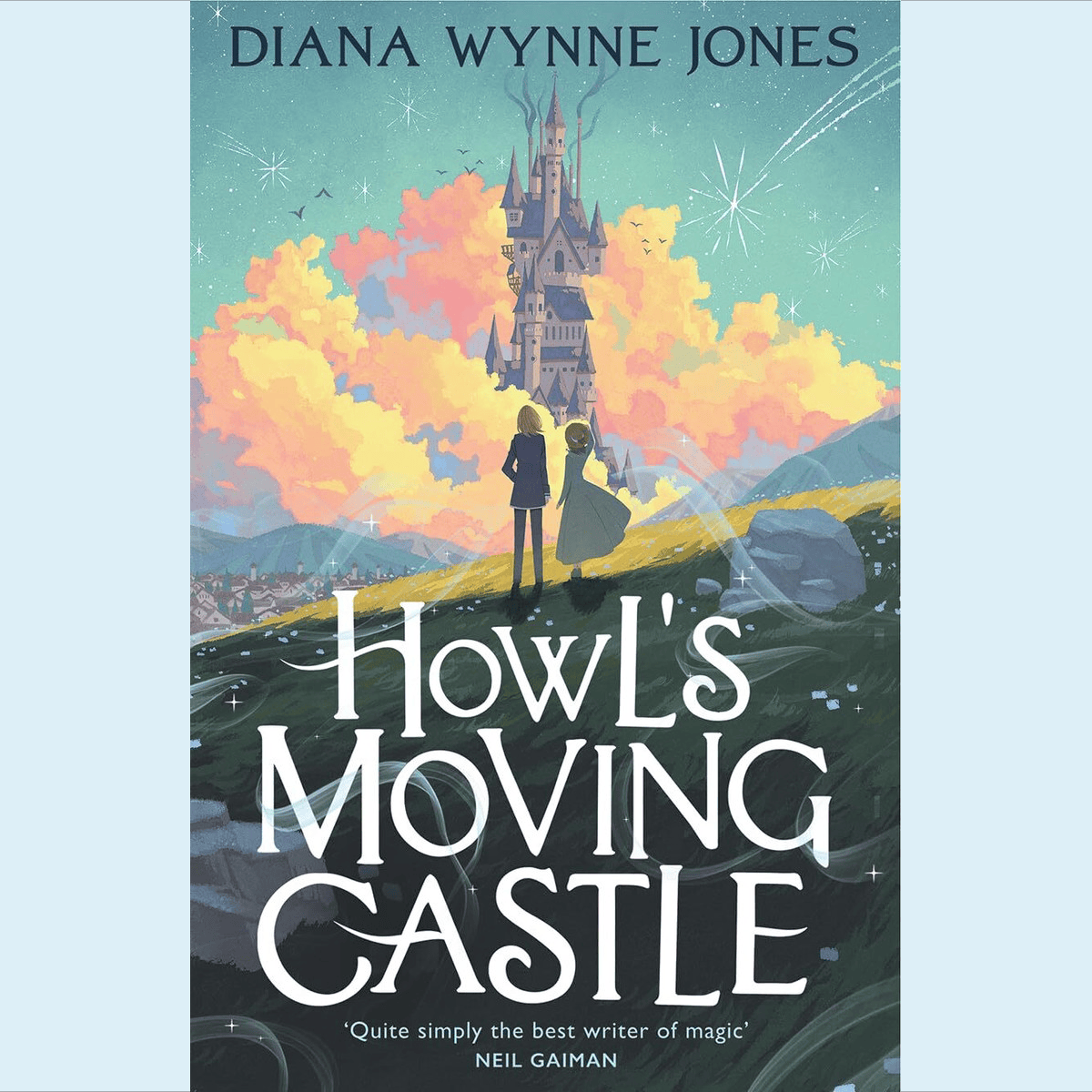 two people looking at a castle in the sky