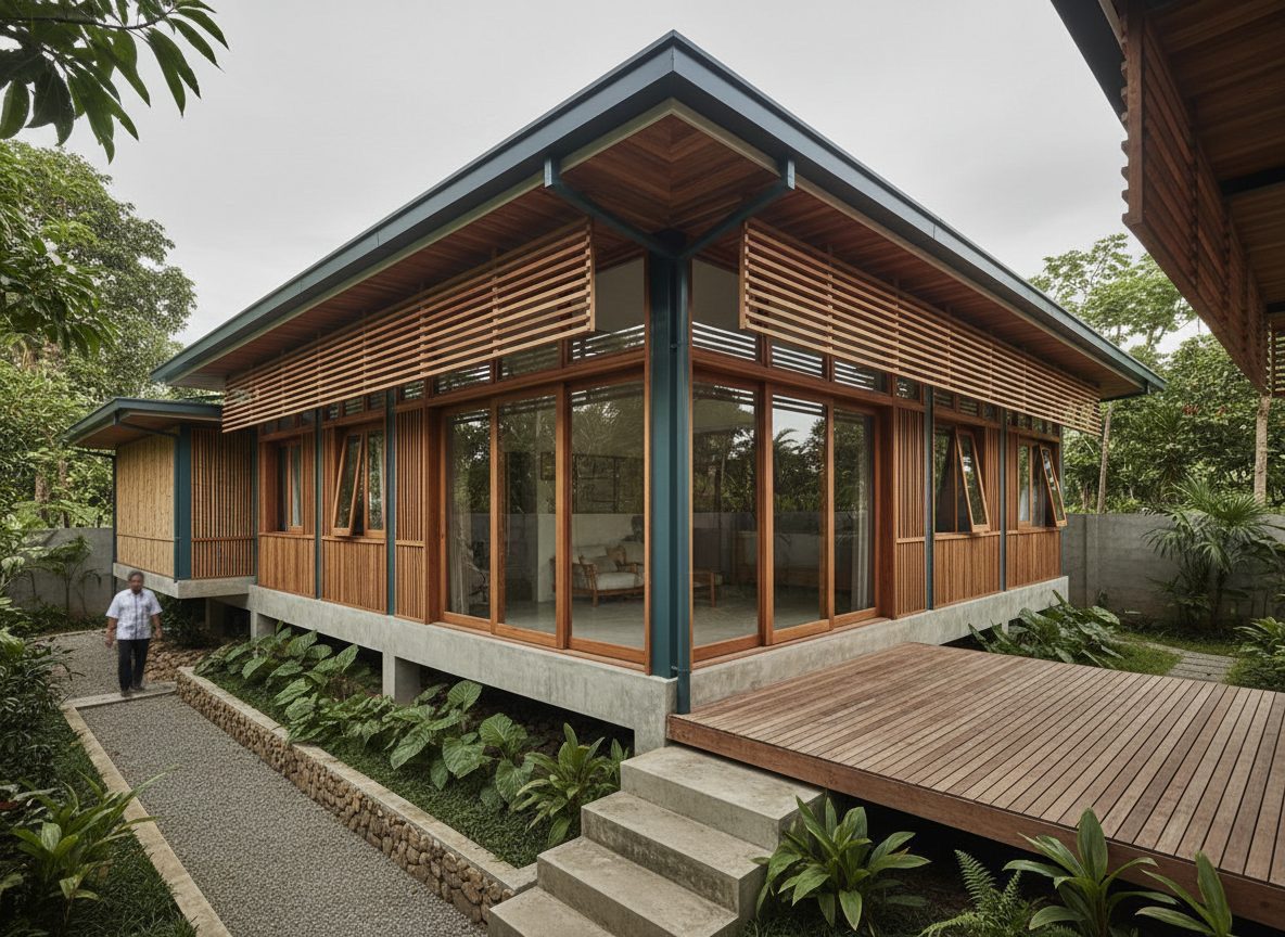 Architectural interpretation of a compact post-pandemic house with a wood-aluminum slat facade and a raised elevated base