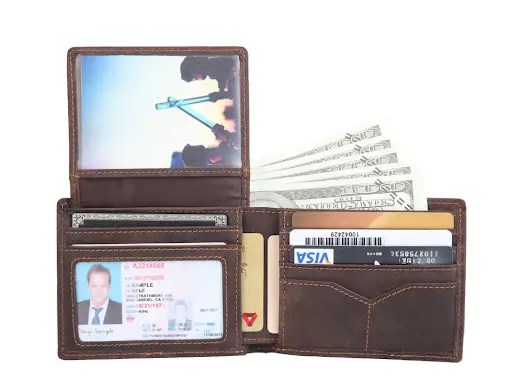 Dark Brown Genuine Leather Bi-fold Wallet