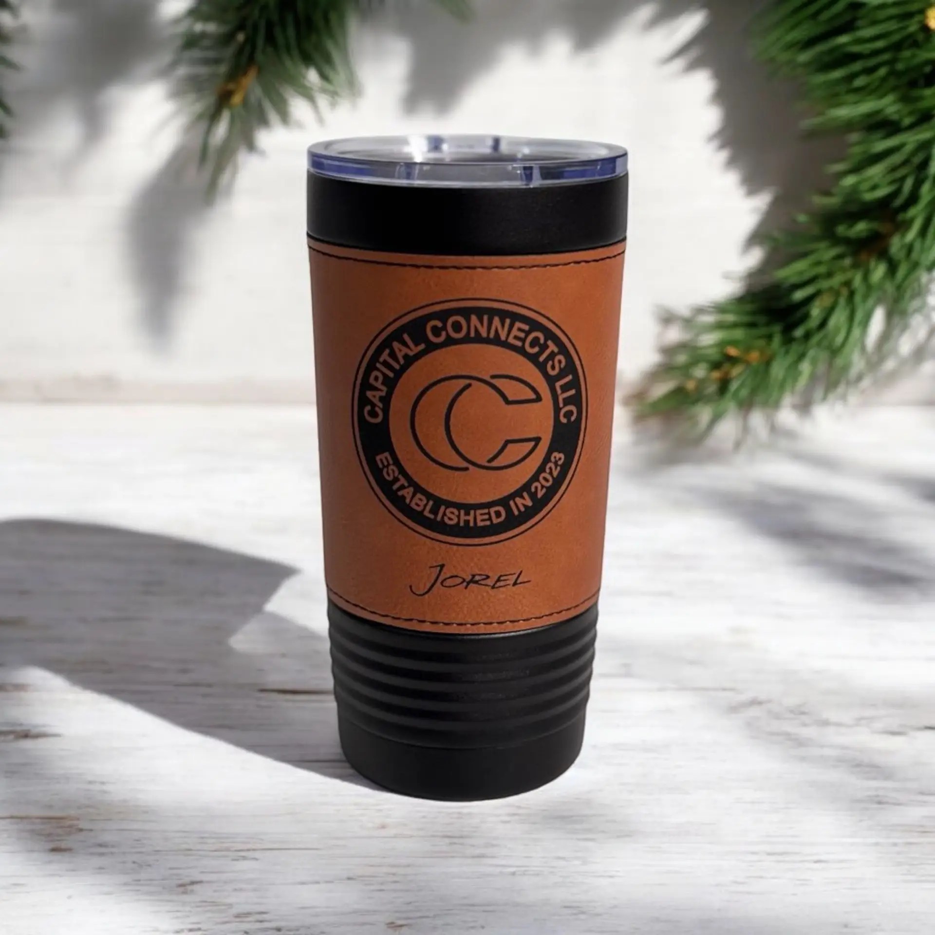 Engraved Polar Camel 20 oz. Black with Rawhide Leatherette Tumbler with Slider Lid