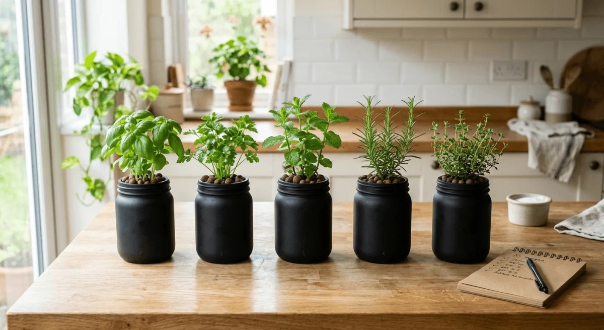 Row of labeled hydroponic jars ready for a weekly maintenance check