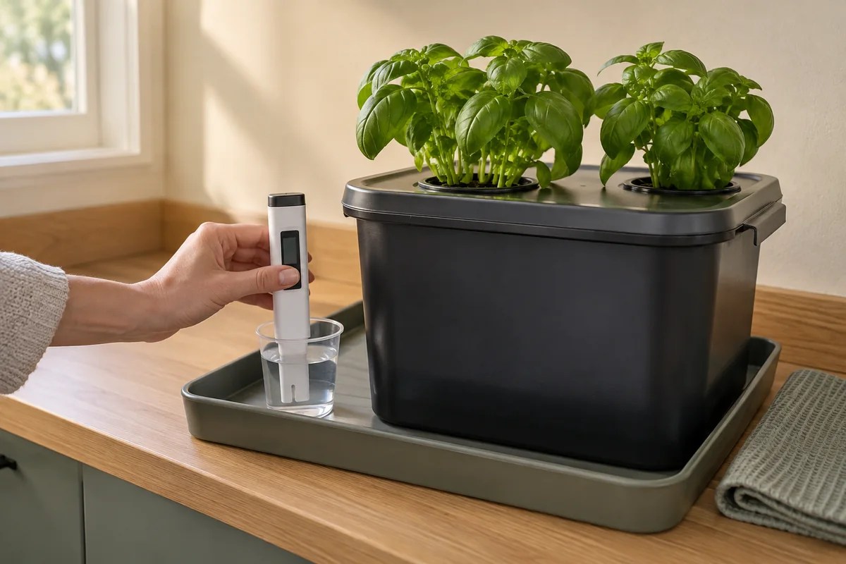 A woman's hand holds a meter with its sensor tip immersed in a sample cup.