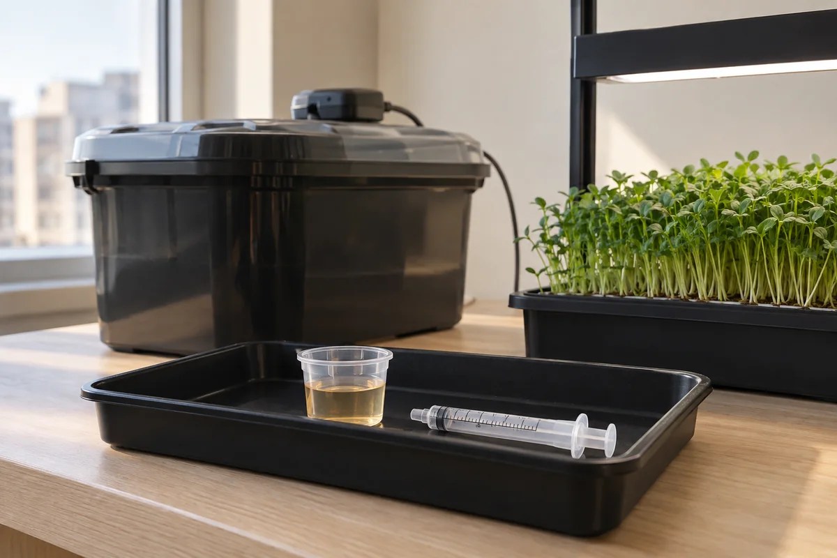 A clear sample cup containing lightly tinted solution rests in a maintenance tray.