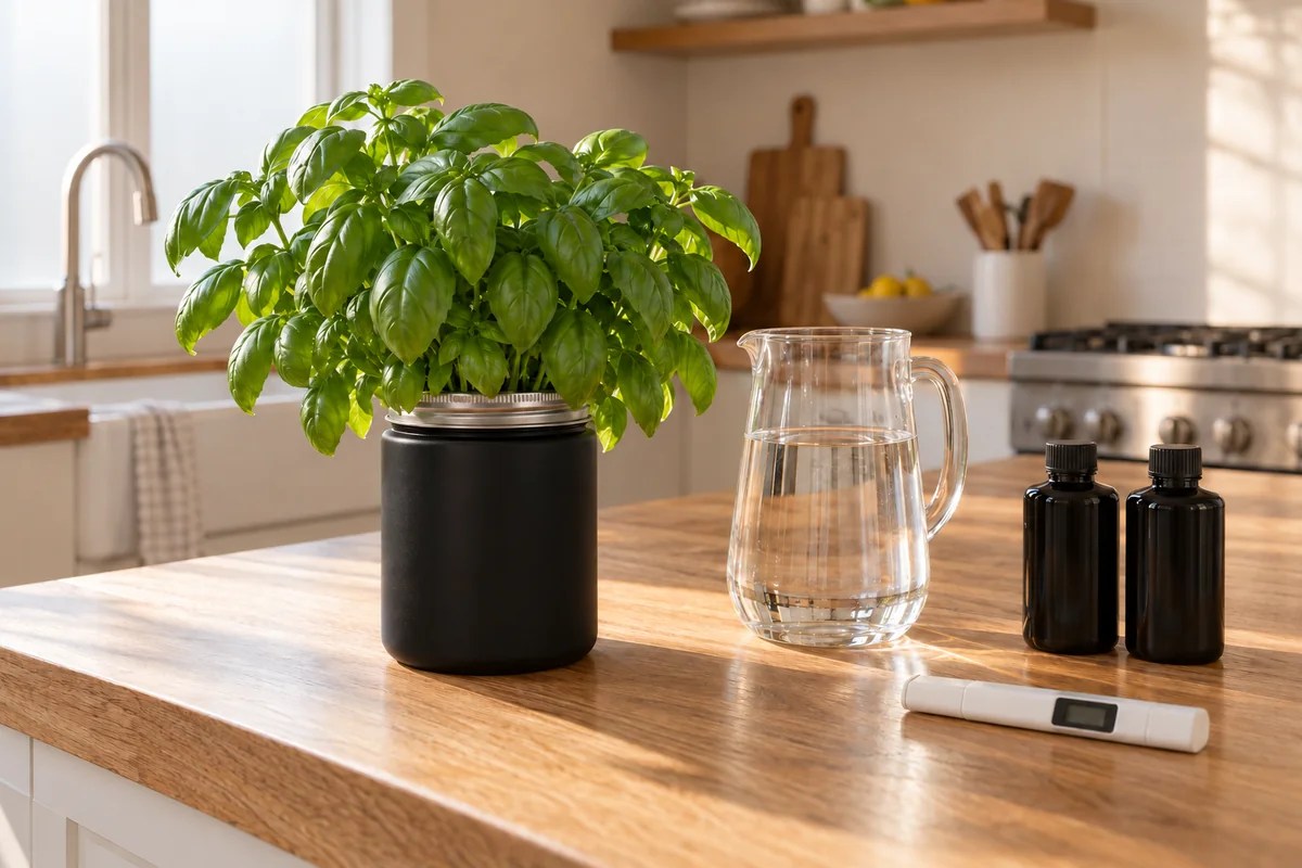 A basil jar, two plain unlabeled nutrient bottles, a glass pitcher and a blank-screen pen meter on an oak counter.