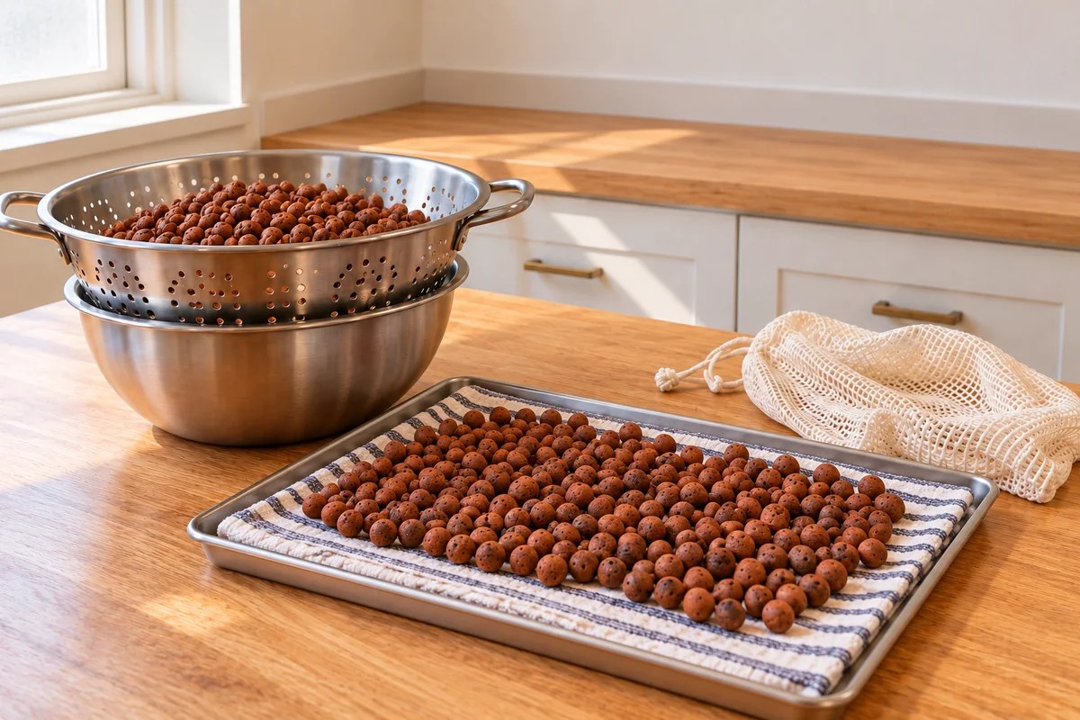 Used clay pebbles in a colander over a bowl, with a tray of clean pebbles drying on a towel