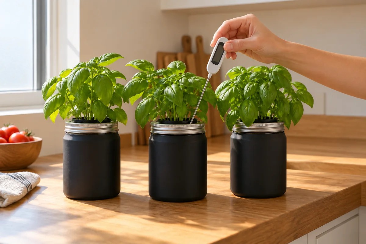 Checking the water temperature of small basil jars with a probe thermometer on a kitchen counter