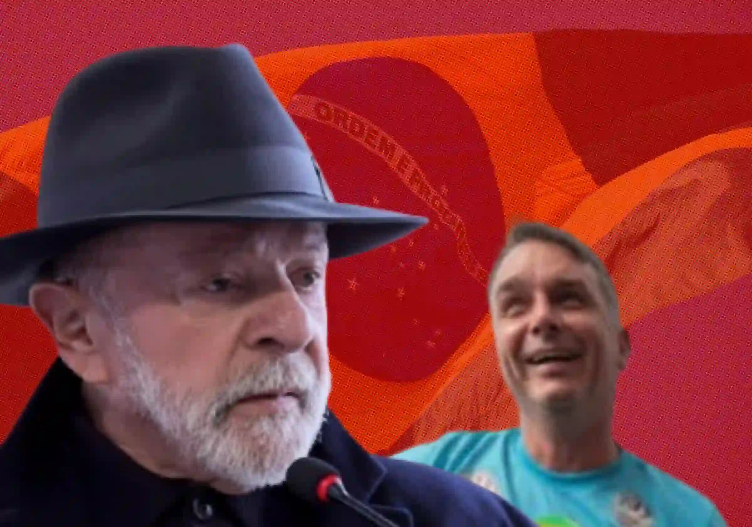 O presidente Lula durante evento em Santa Catarina, em 26 de junho de 2026, e o senador Flávio Bolsonaro durante campanha para seu pai em 2022. Ao fundo, a Bandeira do Brasil sob uma película vermelha dá o tom favorável ao fundador do Partido dos Trabalhadores
