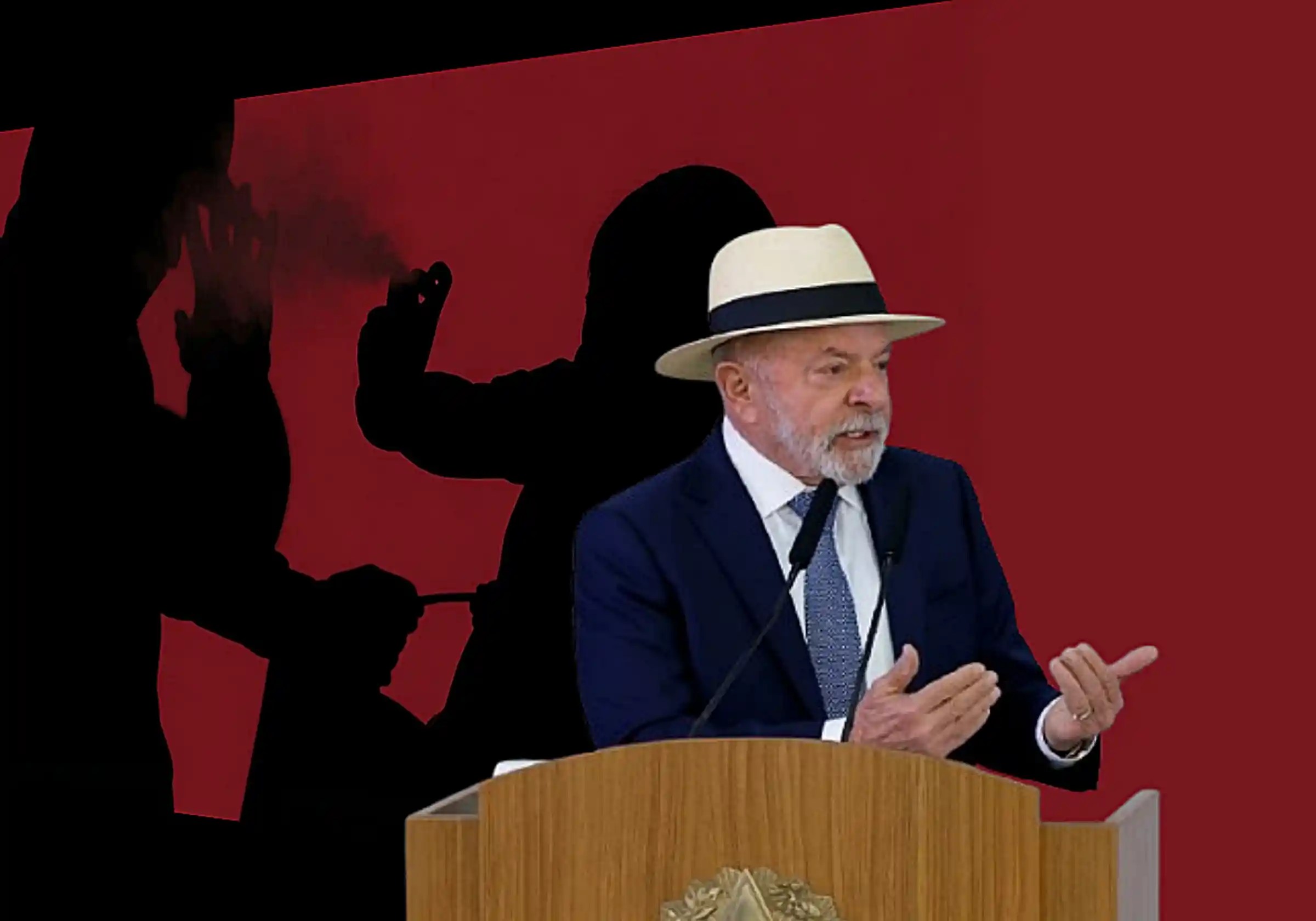 O Presidente do Brasil, Luiz Inácio Lula da Silva (PT), durante evento / Imagem reprodução @LulaOficial/X | Ao fundo, representação gráfica de violência de gênero |•| Arte Urbs Magna