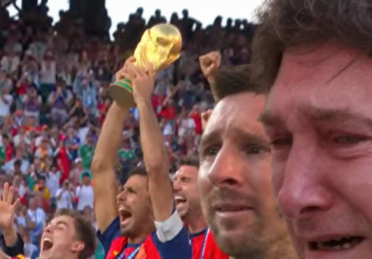 A seleção da Espanha comemora a conquista do bicampeonato mundial de futebol, em quanto o jogador da Argentina, Leonel Messi, chora em campo Imagens reprodução FIFA |19.7.2026 | Ao lado, o presidente do país portenho por ocasião de sua visita a Israel, ao muro das lamentações |•| Montagem Urbs Magna