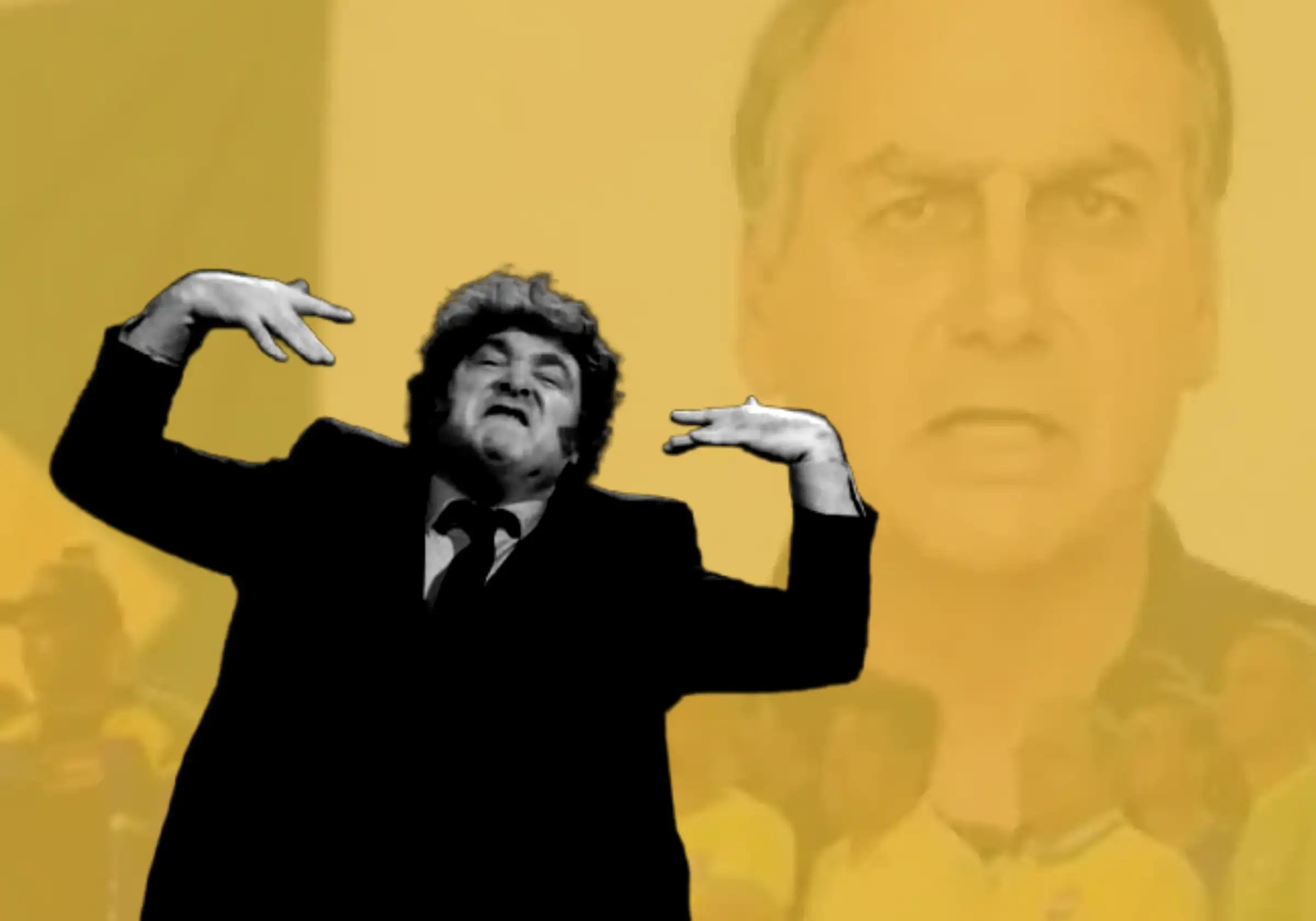 O presidente argentino Javier Milei durante convenção que oficializou Flávio Bolsonaro como candidato / Foto: Maria Isabel Oliveira / O Globo | Ao fundo, imagem de IA mostra Jair Bolsonaro, preso por tentativa de golpe de Estado / reprodução |•| Urbs Magna