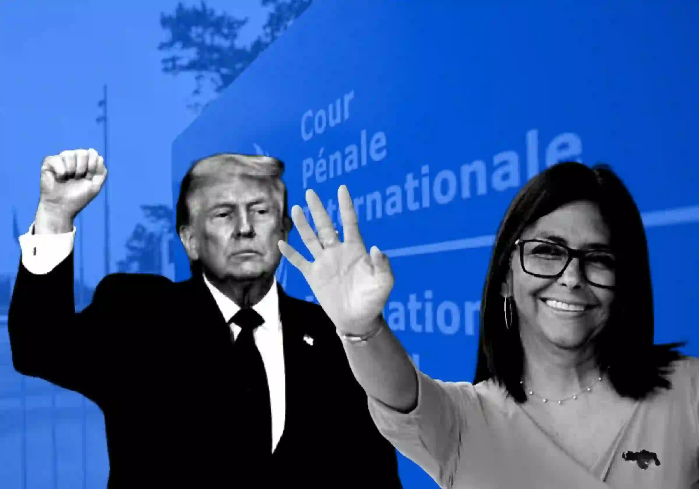 Delcy Rodríguez, presidente interina da Venezuela desde o rapto do Presidente Nicolás Maduro pelos EUA / Foto: Federico Parra / AFP | o presidente dos Estados Unidos, Donald Trump / Foto: Brendan Smialowiski / AFP | Ao fundo, o Tribunal Penal Internacional de Haia, na Holanda / Gettyimages.ru / Mouneb Taim |•| ARTE URBS MAGNA