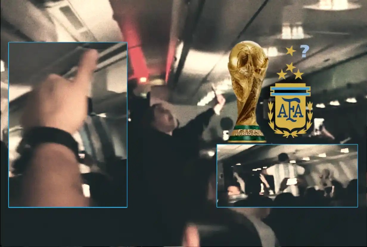 Passageiros argentinos em voo para a Espanha são enganados por piloto e comemoram o Tetra da "La Albiceleste" |•| reprodução redes sociais |•| Arte Urbs Magna