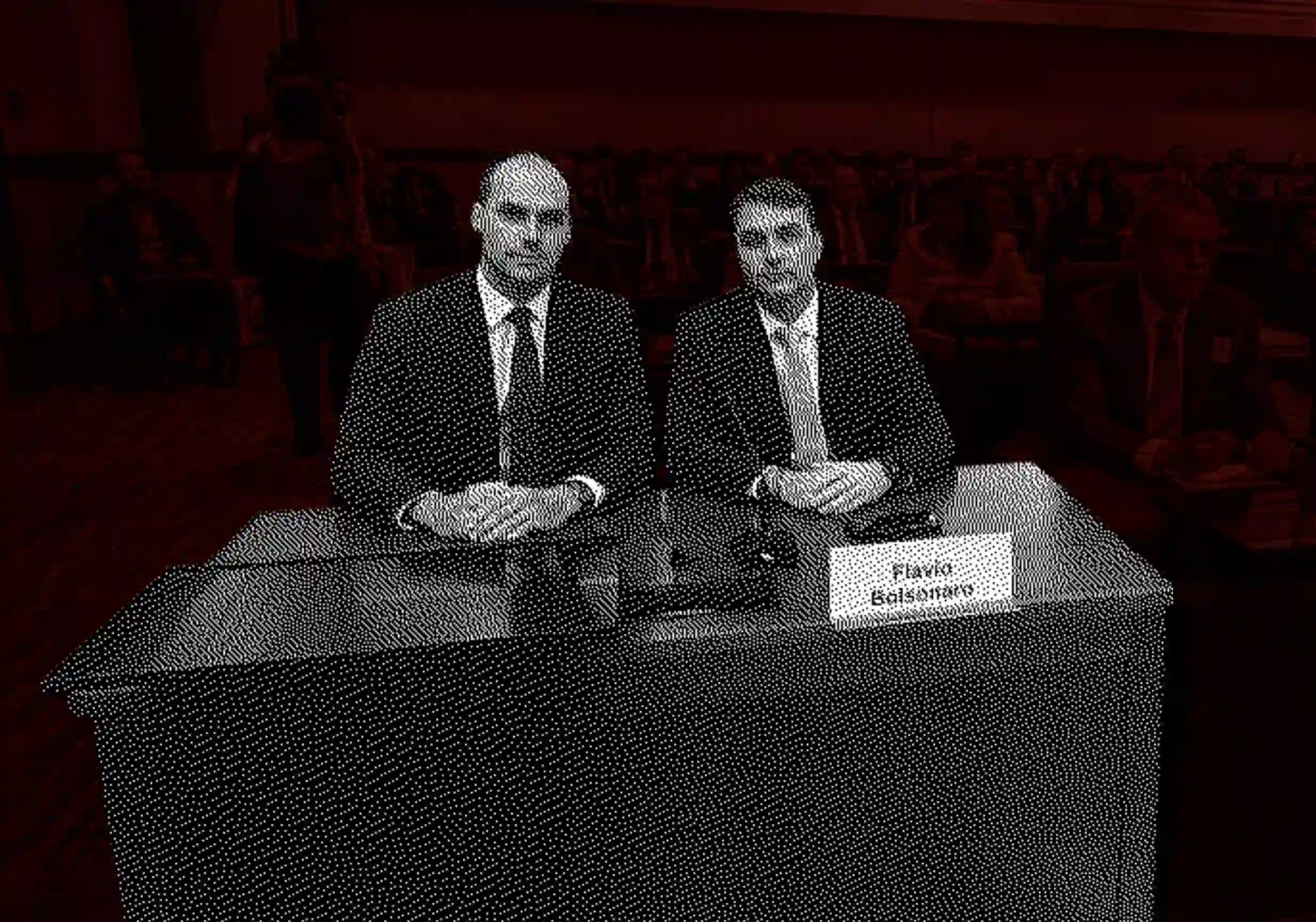 Flávio e Eduardo Bolsonaro em audiência da seção 301 nos Estados Unidos / Divulgação | Arte UrbsMagna
